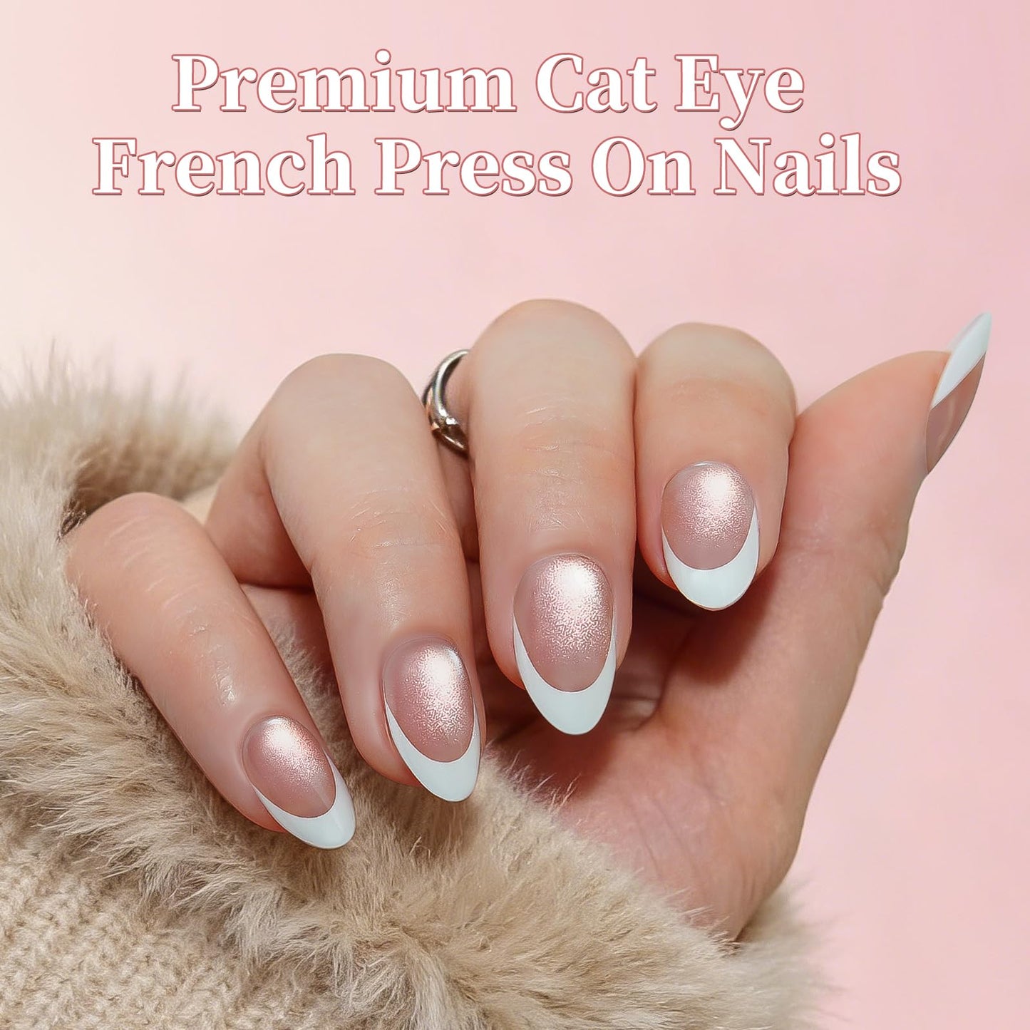 GAWRJ Press On Nails Short - Brown Nail Tips, French Tip Cat Eye Almond Press On Nails with Glue and Adhesive Tabs for Women in 16 Sizes - 32 Soft Gel Glue On Nails Kit