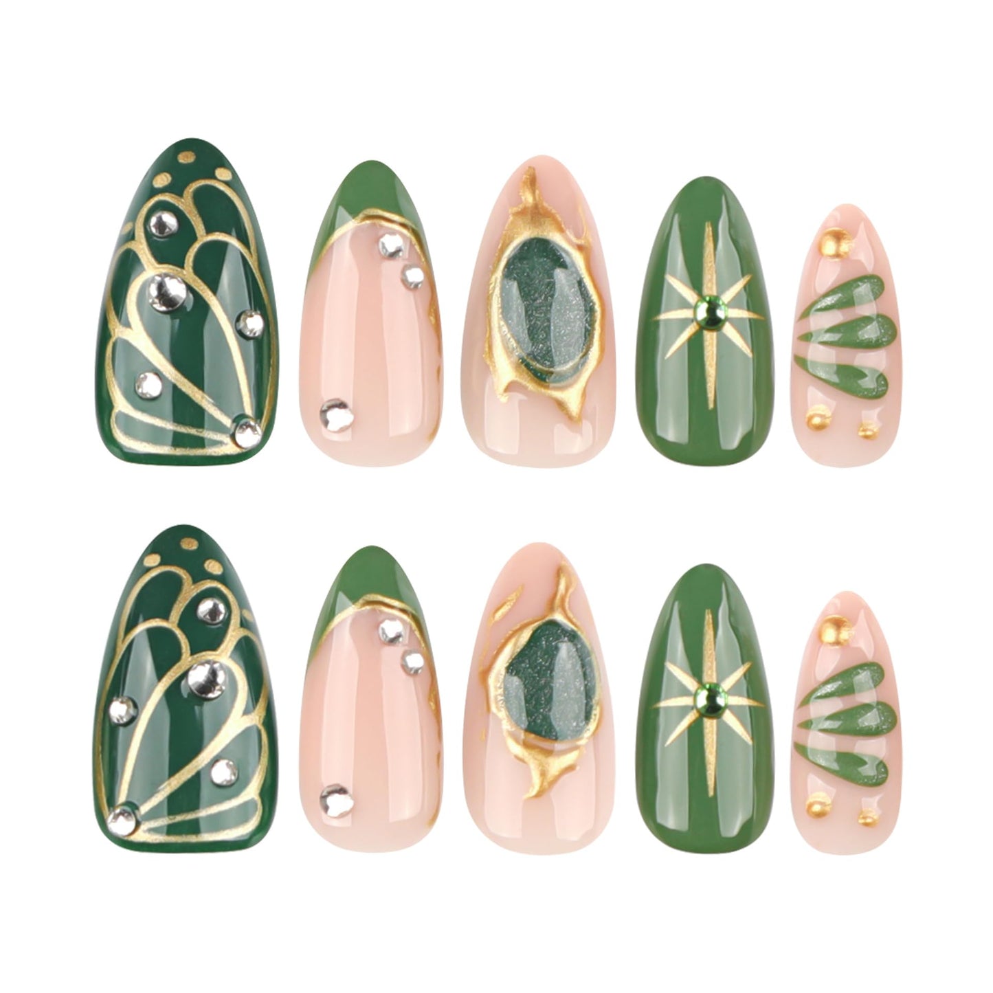 LBPEPAMZ 24Pcs Green Press on Nails Medium Almond Fake Nails with 3D Rhinestones Design Gold Butterfly Star Full Cover False Nails Gilded French Tips Full Cover Glossy Glue on Nails for Women Decor