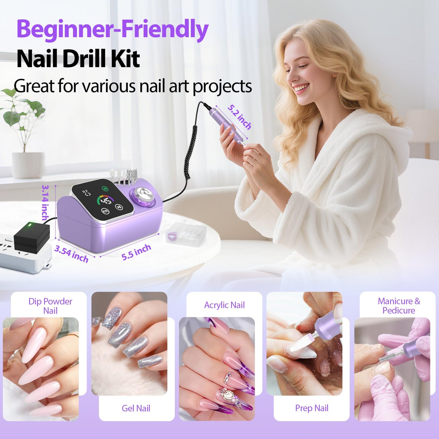 PYVOLA Professional Electric Nail Drill E-File Machine - 45,000 RPM Corded Nail Drills Kit with Low Noise & LED Display for Shaping, Removing & Polishing Acrylic Gel Nails for Salon Home