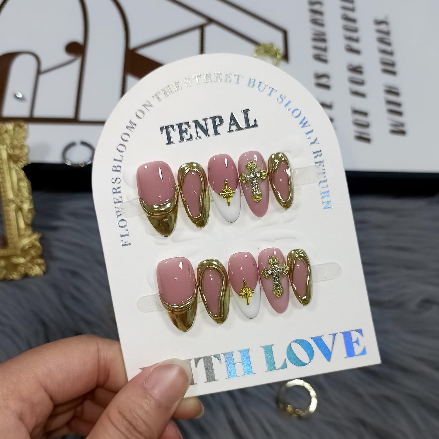 TENPAL 10Pcs Handmade Press On Nails Almond With Tools,Acrylic Icy Platinum French Tips Fake Nails with 3D Metal Cross,Glossy Y2K Blush Glitter Edgy Sweet Glue on Nails for Women,Gold French Nails(L)