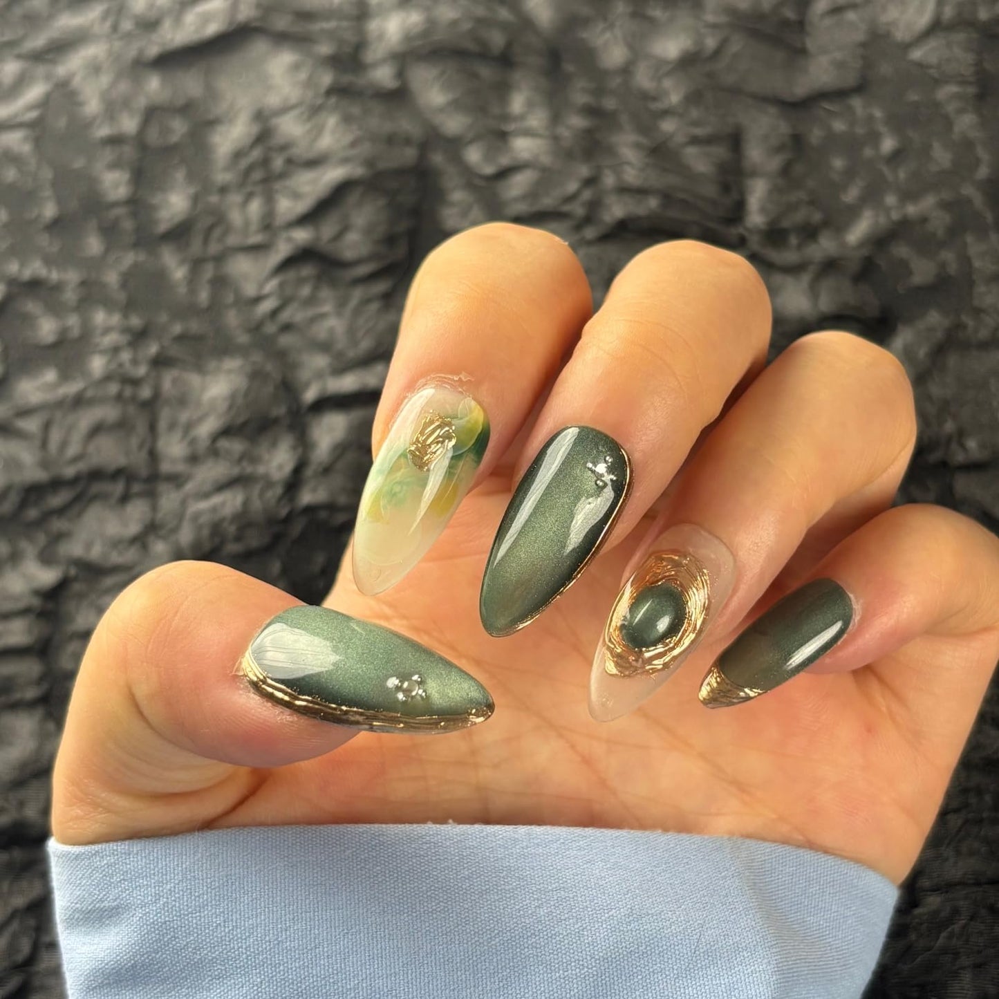 AKA Unicorn Handmade Press On Nails Short Almond, Greenish - Grey & Translucent Acrylic Fake Nails with Gold Accents, Luxury Press On Nails with Charm Design for Wedding & Party Wear(AKA 014, Long)