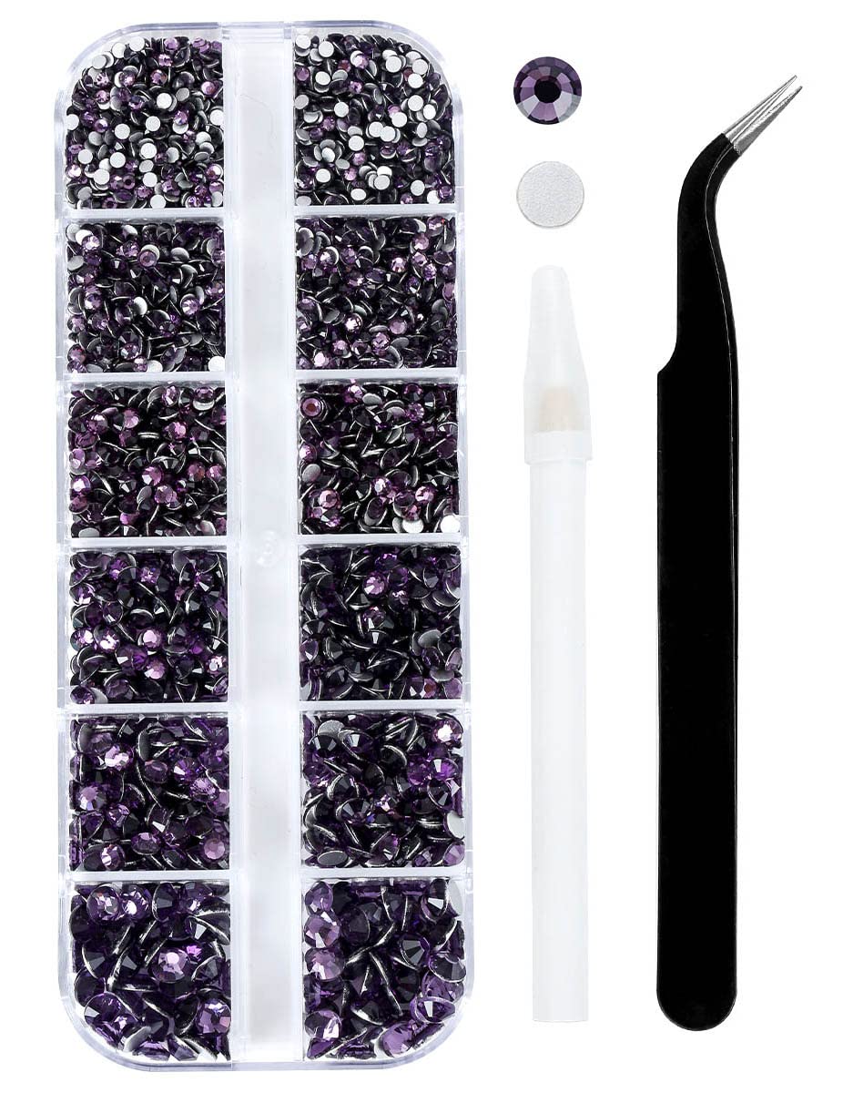 Meibite Purple Glass Flatback Rhinestones for Nails, Crafts & Clothes – 4240PCS 6 Sizes (SS6–SS20) Crystal Gems Kit with Tweezers & Picker, Non Hotfix DIY Rhinestones for Tumblers, Shoes, Nail Art