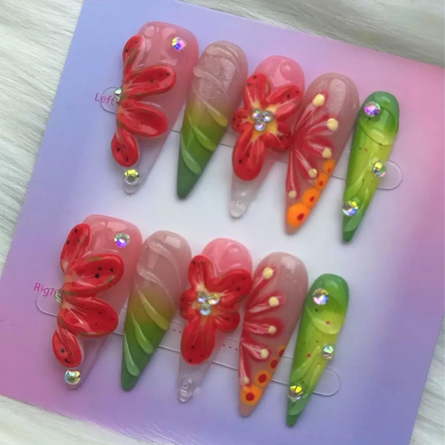 100% Handmade Press on Nails Long Stiletto Fake Nails Red 5D Flower Glue on Nails Ombre Green False Nails with Rhinestones Water Ripple Handmade Nail for Women Girls Daily Wear Manicure 10pcs Size L