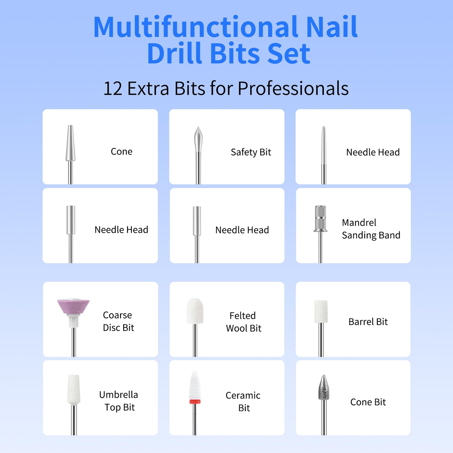 Electric Nail Drill Professional Electric Nail File Kit 11 in 1 Rechargeable Manicure Pedicure Tools Cordless Nail Drill with 3 Speeds Modes and LED Lighting for Acrylic Gel Dip Powder Nails(White)