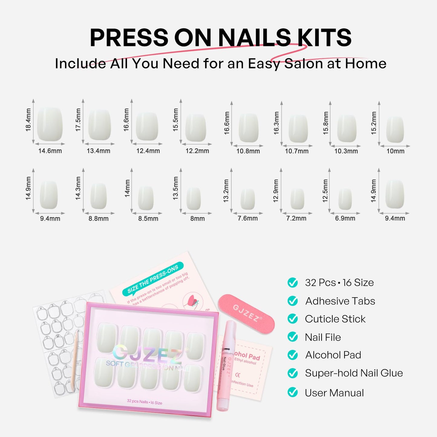 Milky White Press on Nails Short Square - GJZEZ Soft Gel Fun Glow in The Dark Luminous Neon Green Glows Effects Milk White Fake Nails, Natural Reusable Glue On Nail in 16 Sizes - 32PCS, Cloud Dancer