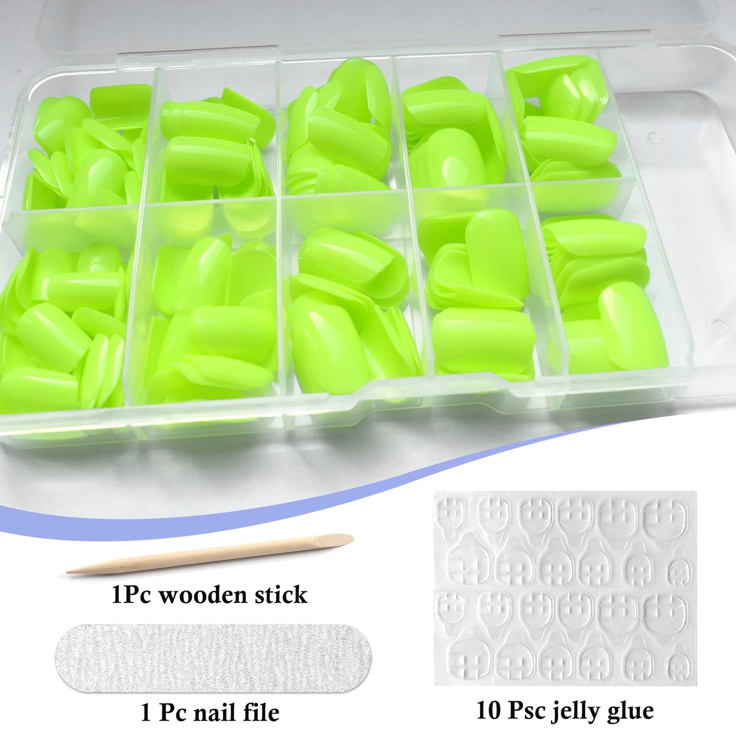 LuckForever Short Press on Nails 240pc Glossy Neon Yellow Press on Nails Short Square Round Fake Nails Full Cover 10 Sheets Nail Adhesive Tabs,Small Wooden Sticks and Nail Files False Nails for Women