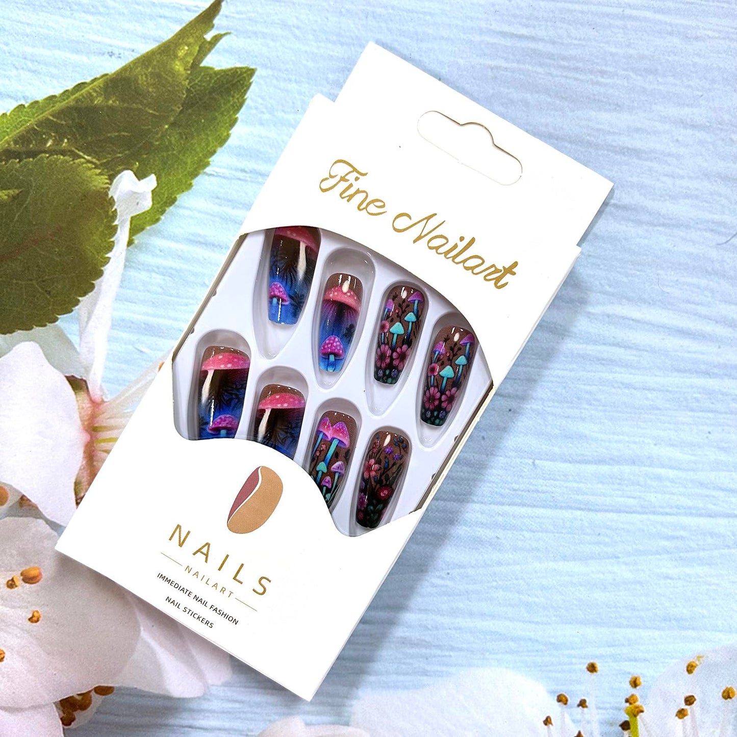 Mushrooms Press on Nails Medium Flower False Nails Ballet Shaped Acrylic Nails Fantasy Mushrooms Floral Design Colorful Stick on Nails Full Cover Coffin Nails Artificial Glue on Nails for Women 24Pcs