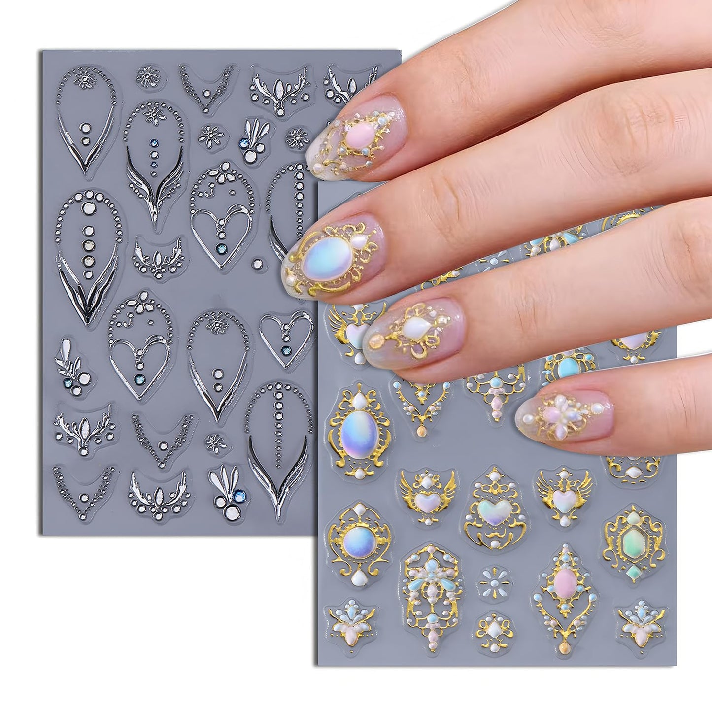 2 Sheets Bohemia Nail Stickers 5D Embosses Self-Adhesive Shine Rhinestones Nail Decals Gold Silver Heart Nail Stickers for Women DIY Manicure Decorations