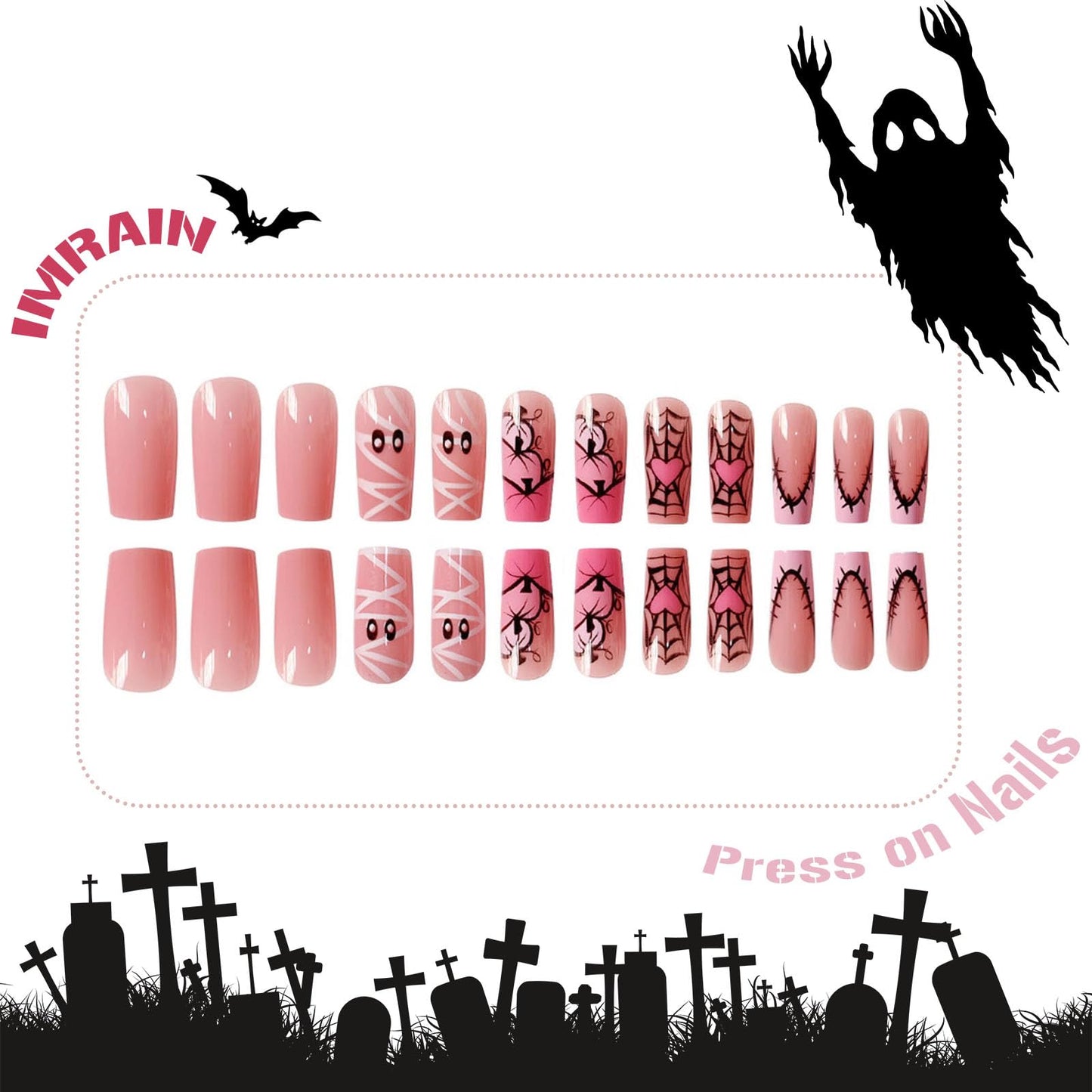IMRAIN Halloween Press on Nails Long Square Fake Nail Pink French Tips False Nails Full Cover Glossy Glue on Nails for Women Manicure Decor