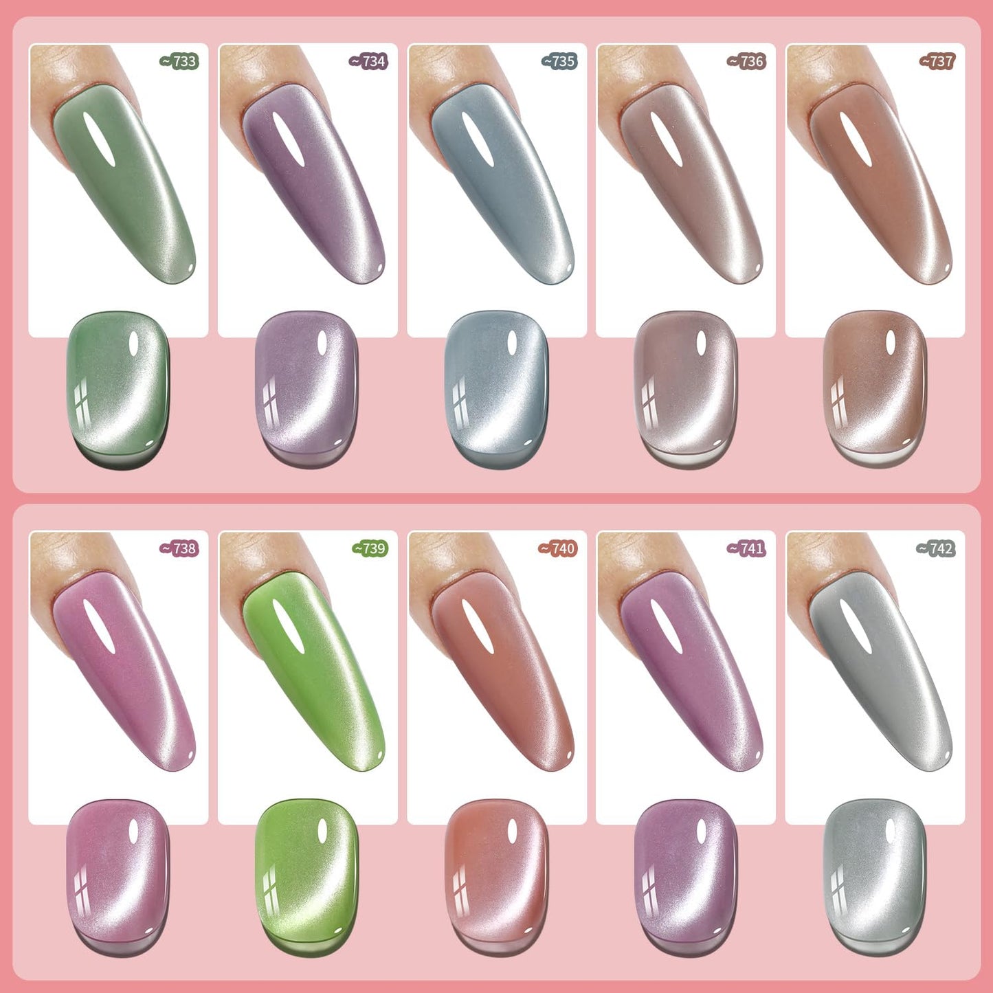 JODSONE 10 Colors Glow-in-the-Dark Cat Eye Gel Nail Polish Set Silver Green Blue Grape Purple with Base Coat and Top Coat and Magnet Stick Summer Nail Art for Nail Salons and at Home