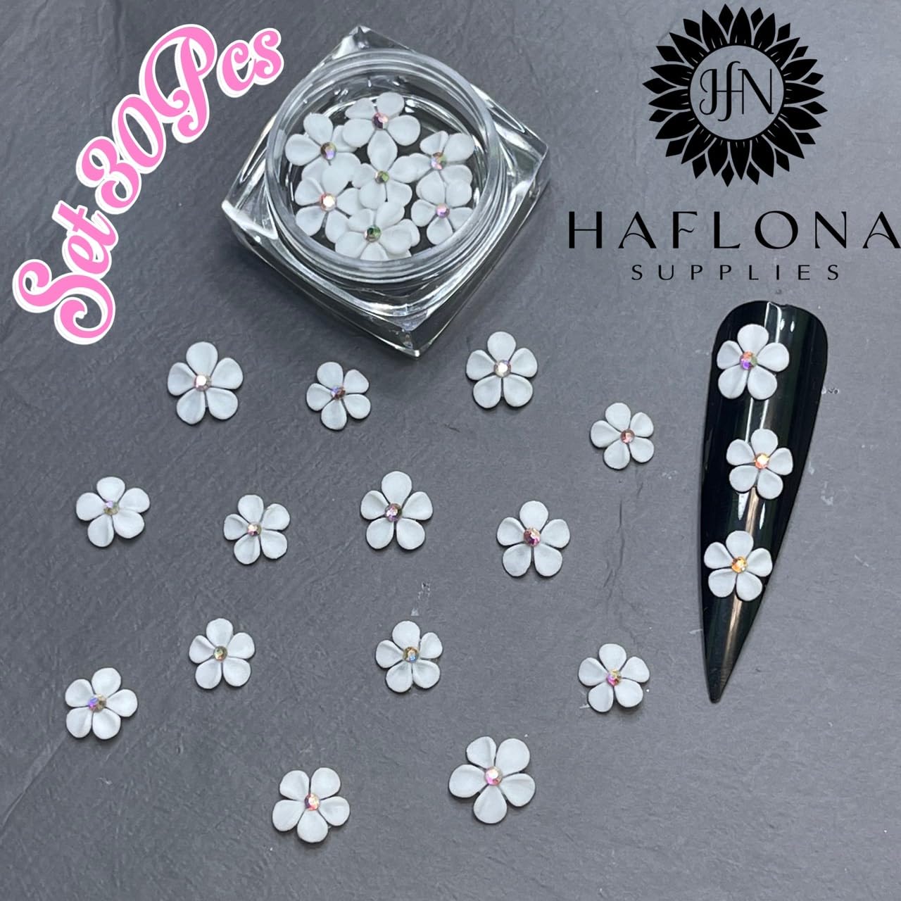 Set 30Pcs White 3D Flowers for Nails, Handmade 3D Acrylic Flowers for Nails, Flower Nail Charms Rhinestones Gems by Acrylic Powder Design Deco Nail Art Women Girls (White with Rhinestones-30Pcs)