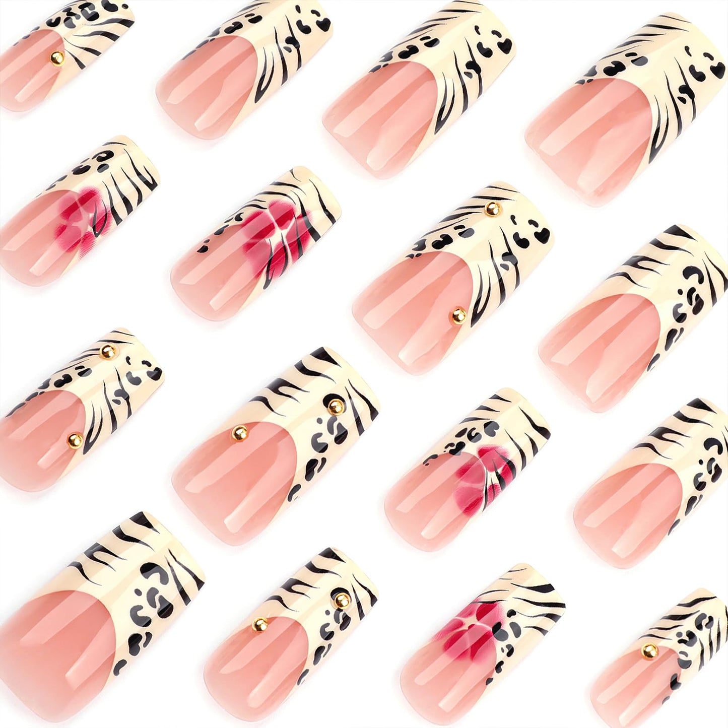 Jremg Leopard Print French Tip Press on Nails Long Square Fake Nails with 3D Gold Pearl Designs Glossy Red Flower Full Cover Glue On Nails Reusable Coffin Autumn Winter False Nails for Women 24Pcs