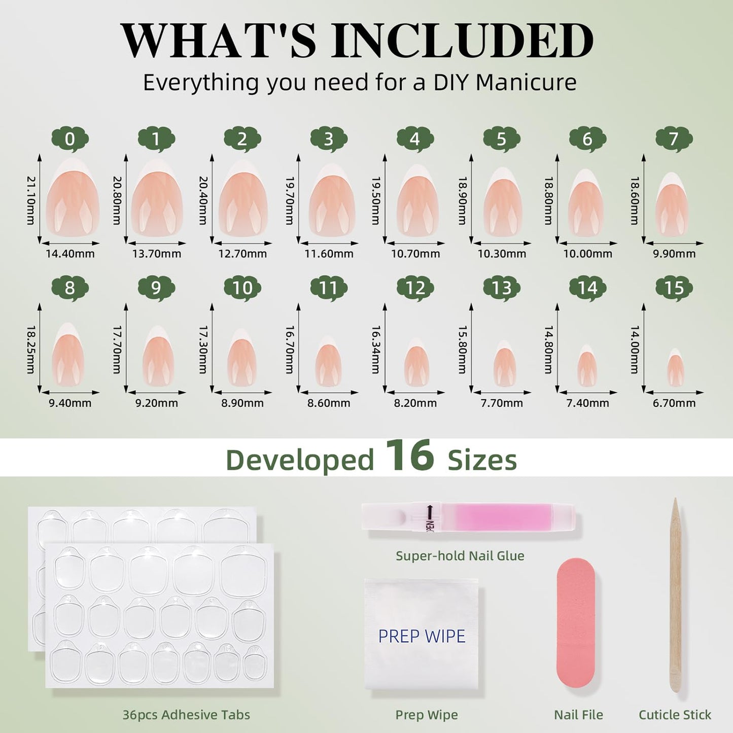 White French Tip Press On Nails - White Short Almond Fake Nails, French Tip Press On Nails Reusable Stick On Nails in 16 Sizes, 32pcs False Nail Kit for Women & Girls