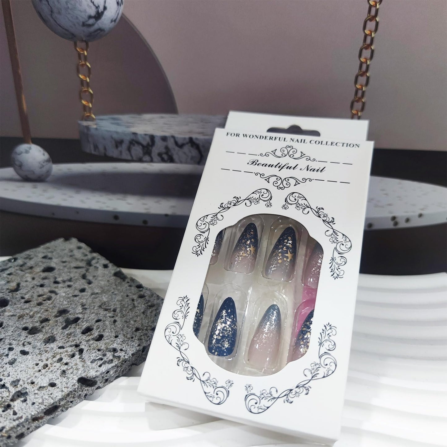 Starry Sky Medium Almond False Nail Gold Stars Press on Nails Glossy Blue Gradient Stick on Nail 24Pcs Silver Glitter Gel Glue on Fingernails Acrylic Full Cover Fake Nails for Holiday Manicure Art