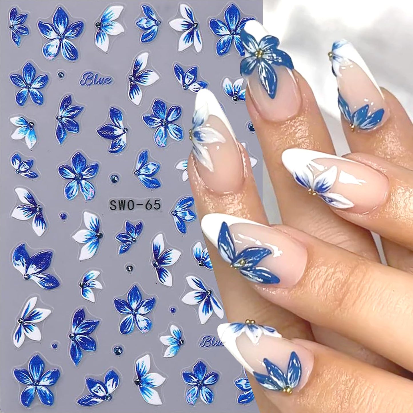 2Sheets Blue White Lily Flower Nail Art Stickers 5D Embossed Blue Flowers Vine Design Nail Decals Self-Adhesive Cute Floral Petals Nail Sticker Sliders for Women DIY Spring Summer Nails Decor Supplies