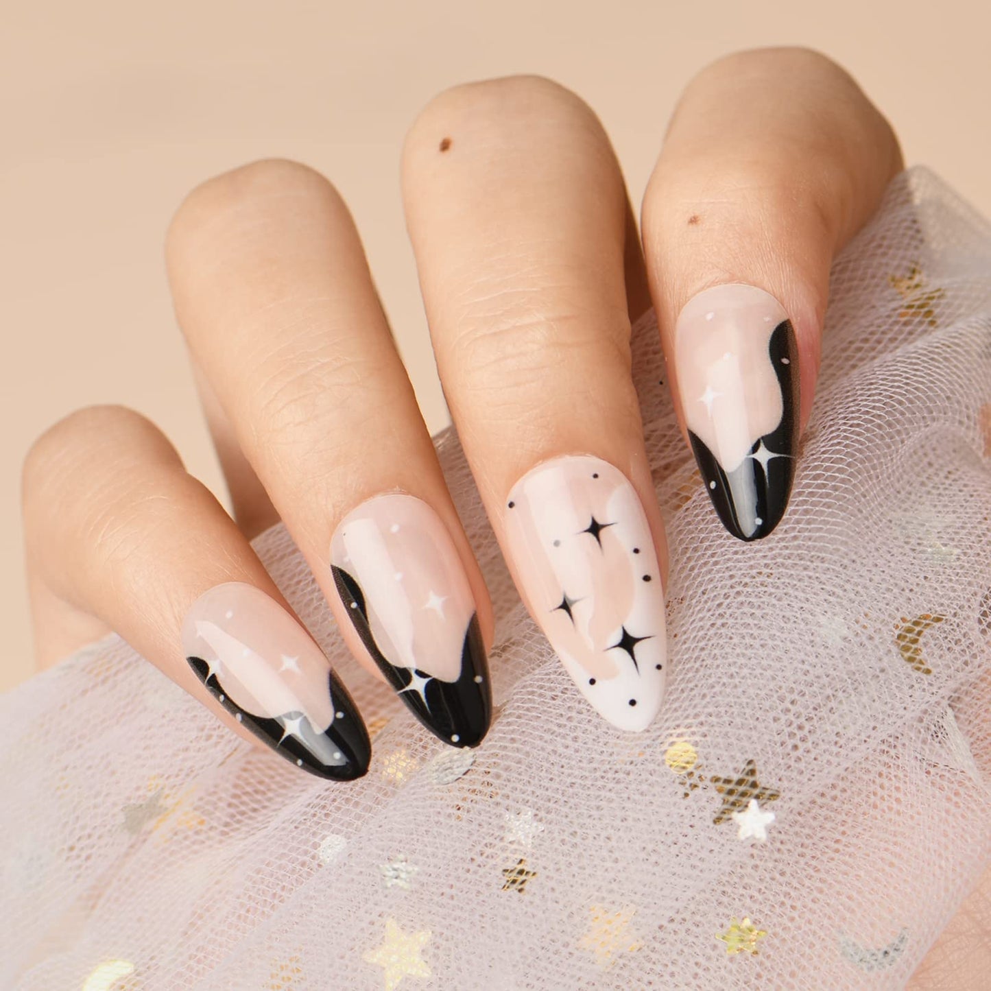 GLAMERMAID Nude Pink Press on Nails Medium Almond, Black White French Tip Stiletto Stick on Fake Nails for Women Gift, Nude Press on Nails Medium Almond， Glitter Star Short Oval Glue on Nails Gel