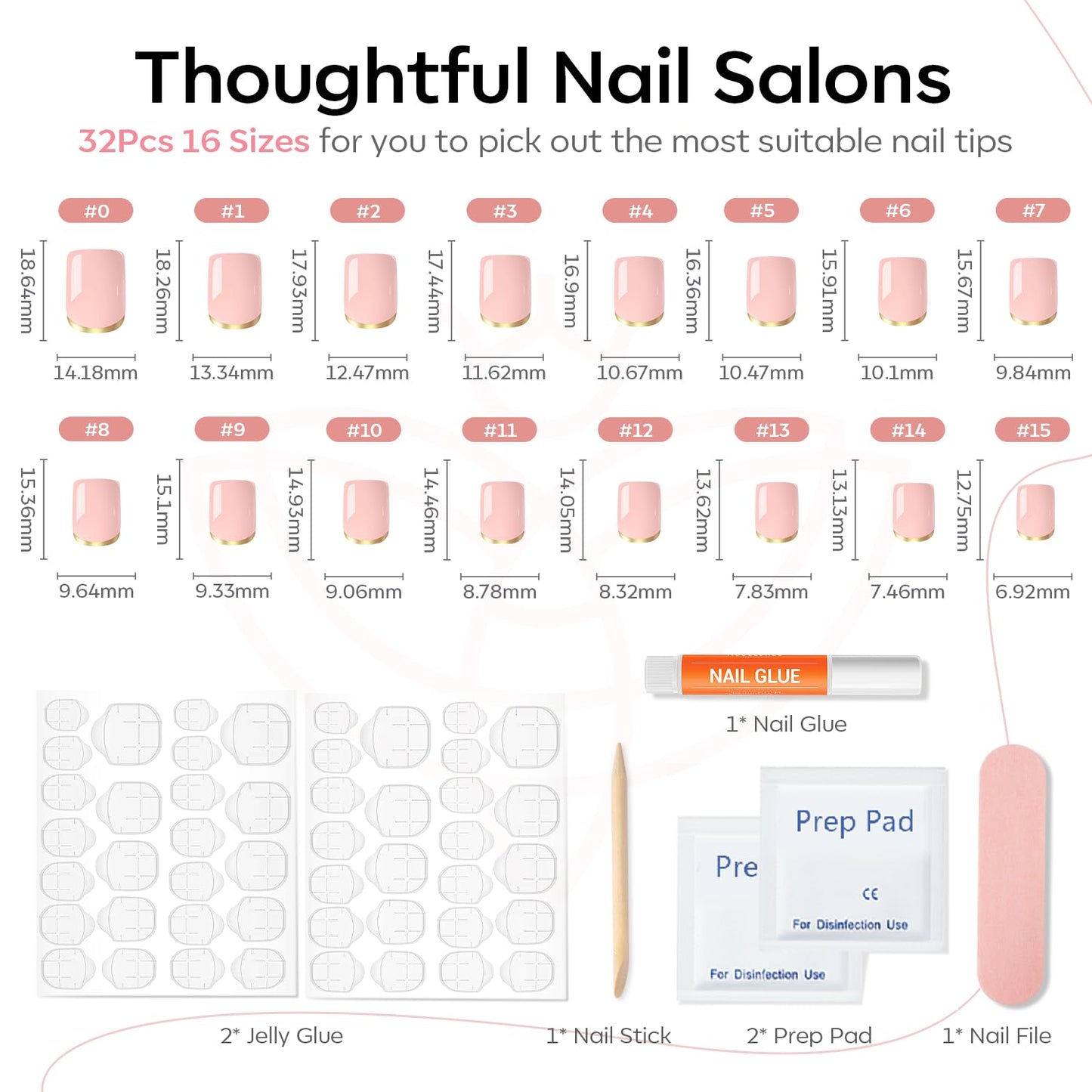 Modelones French Tip Press on Nails Short, Square Fake Nails, Reusable Nail Kit with Nail Glue Adhesive Tabs Mini Nail File, Nails Press Ons 32Pcs 16Sizes, Women Girl Gift, Golden Nude, Spring