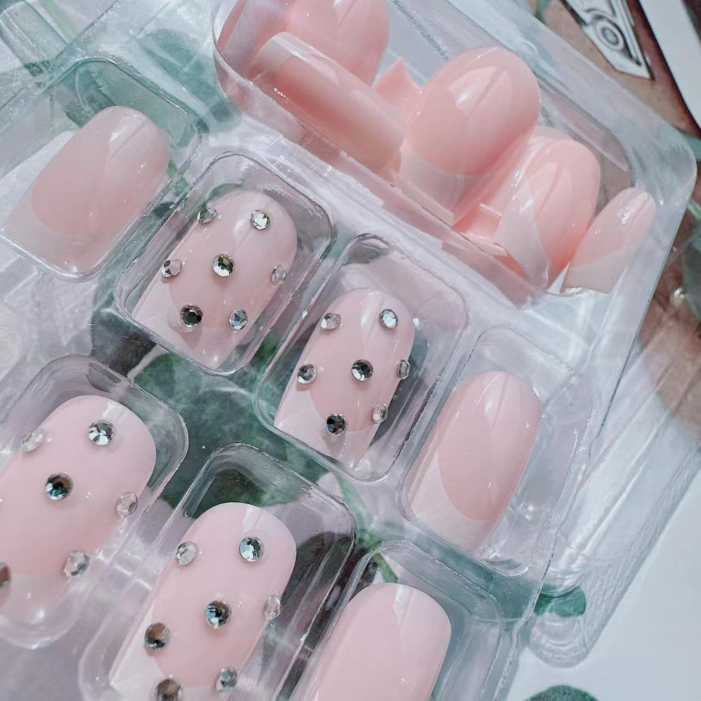 24pcs Press on Nails Short Square Glossy Pink French False Nails with Rhinestone Design Full Cover Fake Nails Stick on Nails White French Nail Tips False Nails Gel Glue on Nail for Women Girls