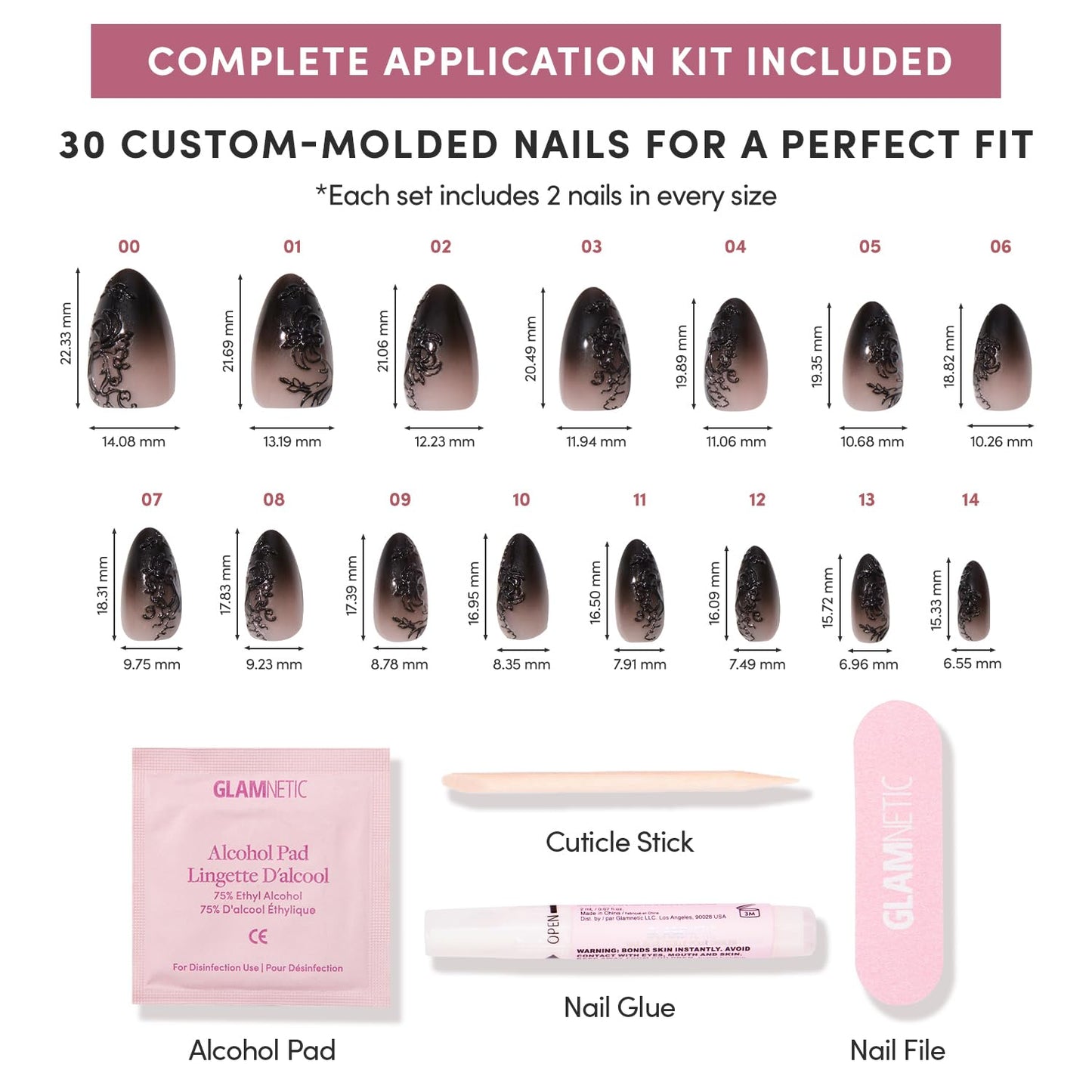 Glamnetic Press-On Nails Bundle - 'Til Death & Angel | Ombre 3D Lace Short Almond Fake Nails | Opaque White Short Almond Nails | Durable, Salon-Quality Nail Kits