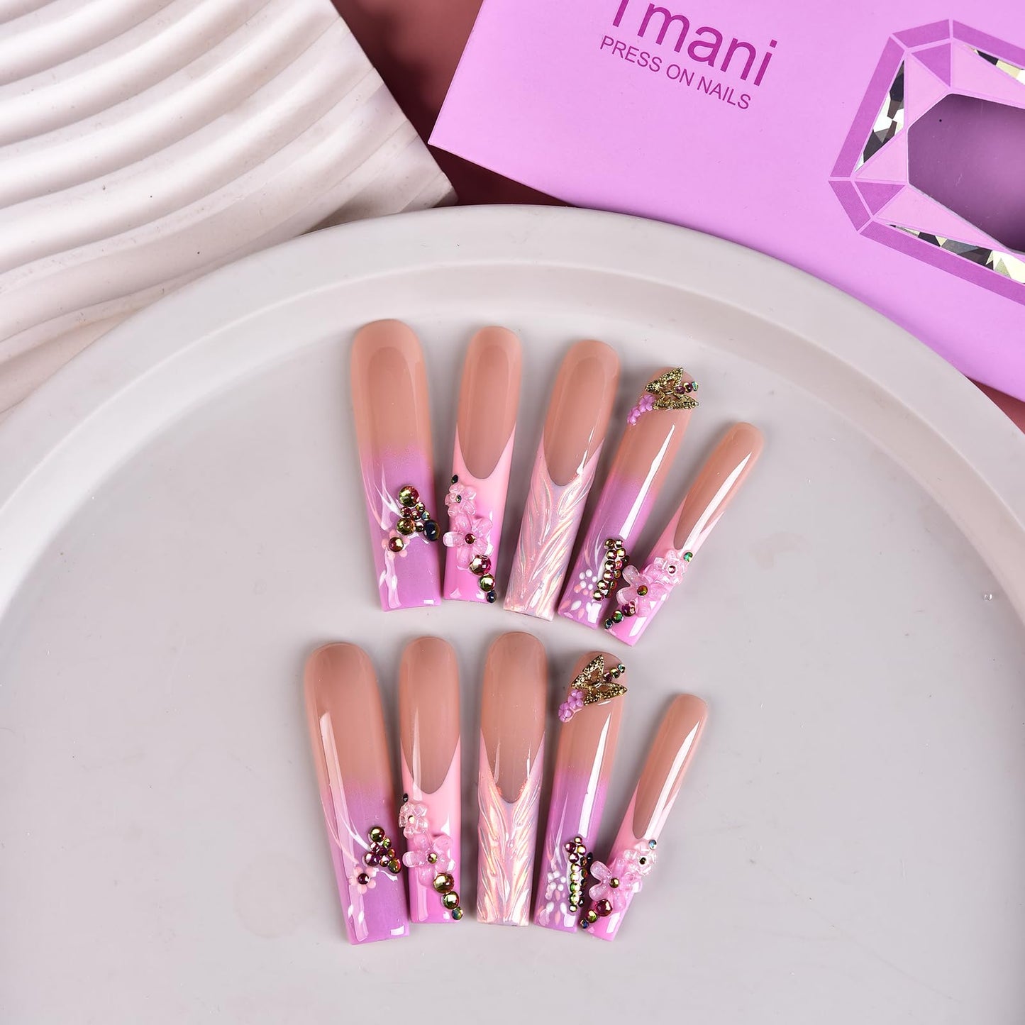 Tmani 10pc/set Extra Long Handmade Press On Nail Hot Girl's Long Ballet Nails Square Nail Full of Diamond Glitter Decoration Fake Nails Suitable For Girls Festival Parties and Birthday Gift (294,L)