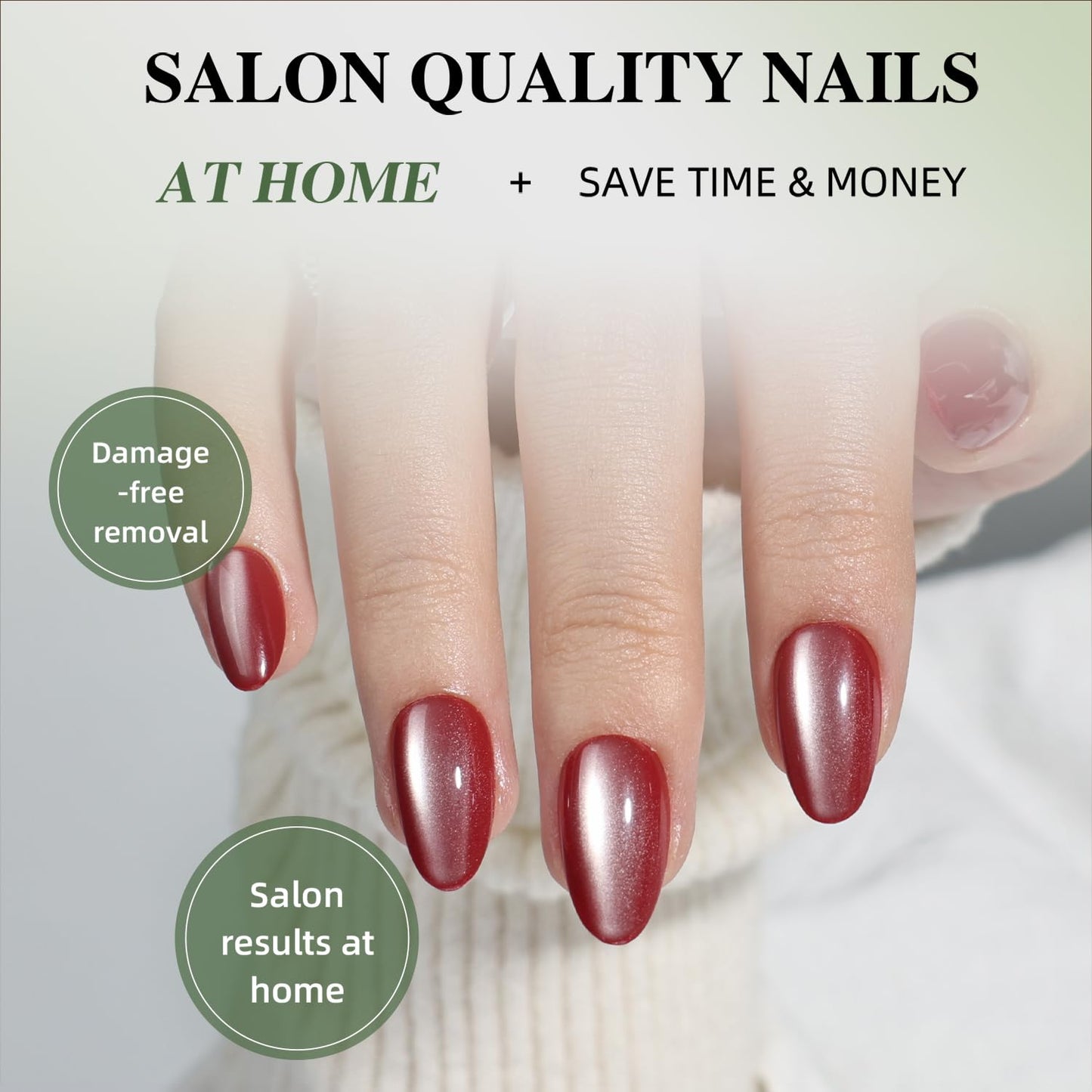 Red Cat Eye Press On Nails - Burgundy Short Almond Fake Nails, Dark Red Press On Nails Reusable Stick On Nails in 16 Sizes, 32pcs False Nail Kit for Women & Girls (Wine Chrome)