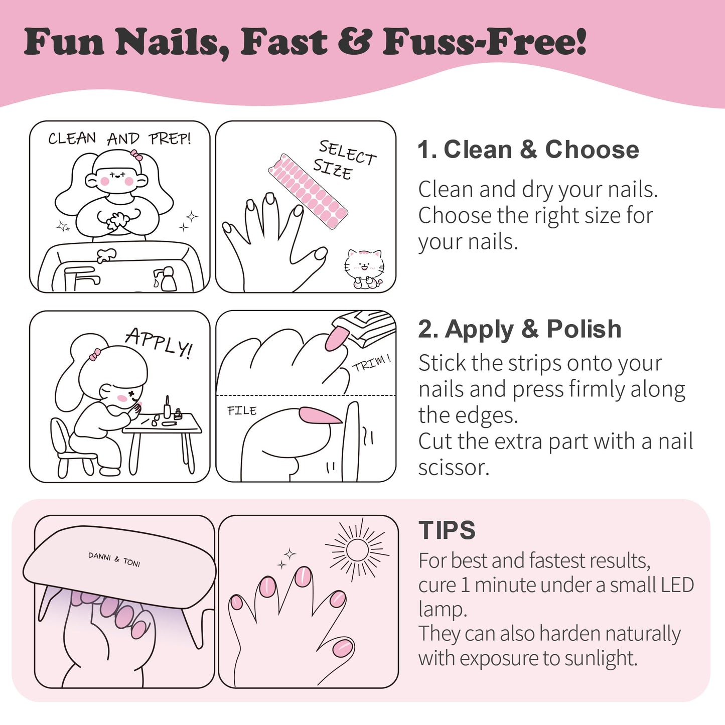 DANNI & TONI Kids Gel Nail Strips Clouds Stars Purple Glitters Salon-Quality Peel & Stick Manicure for Children (Age 6+)– Safe, Long-Lasting, Easy to Apply |Purple Dream