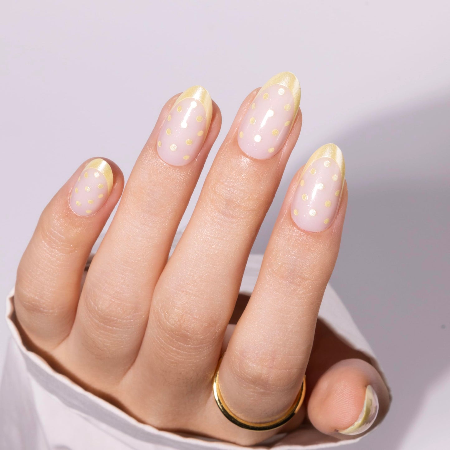 PILOLO Press On Nails Polka Dot Fake Nail Tips Adhesive Reusable Full Cover Acrylic False Nails Long Almond Stick On Manicure Set for Women Girls Gift (Lemon French Polka)