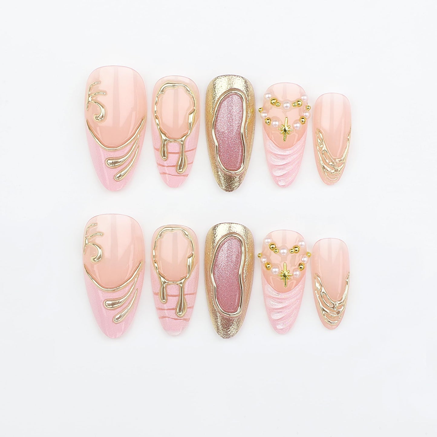 plalely Almond Press on Nails Long Pink Fake Nailwith 3D Charms Acrylic Nail Press ons Golden Embossed Stick on Nails for Women 24pcs