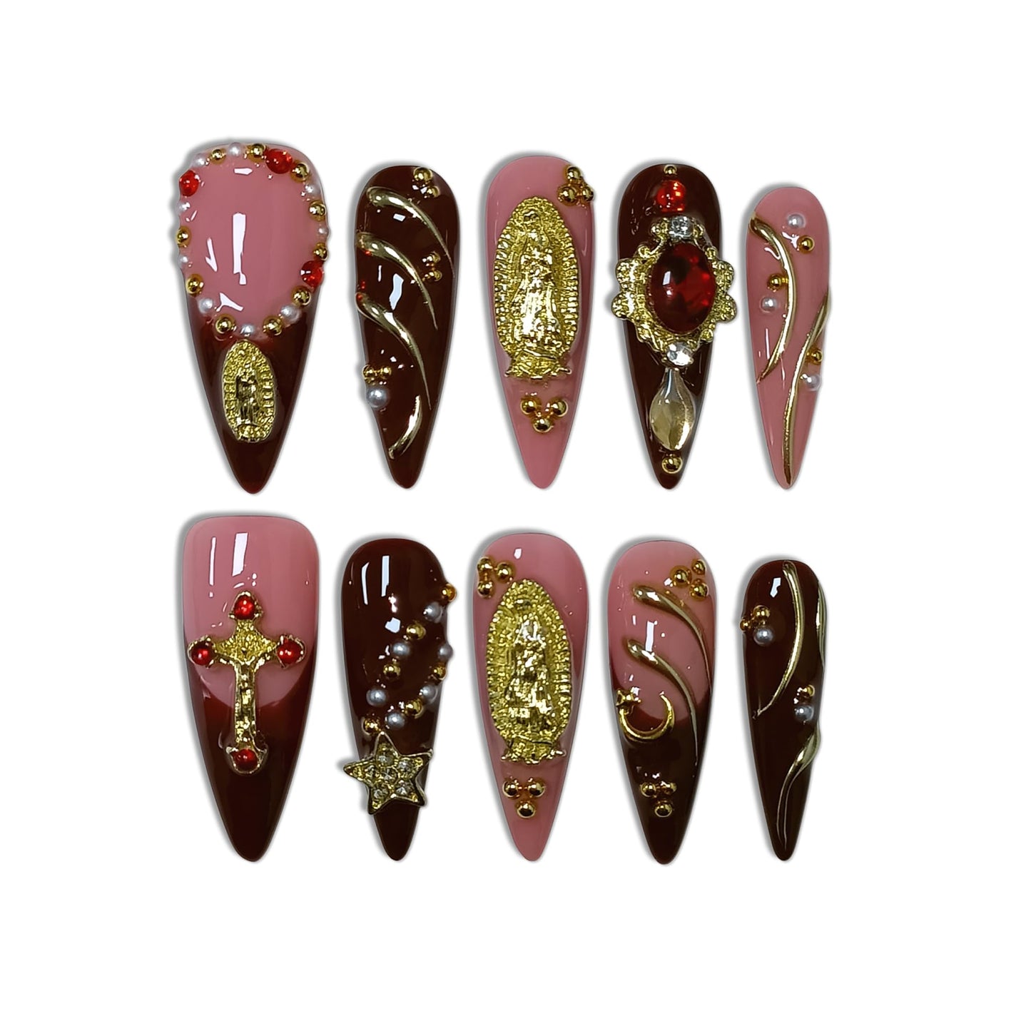 TENPAL Handmade Press on Nails Long Stiletto - Nude Pink Wine Cross Design Fake Nails with 3D Religious Charm | Acrylic Glossy Icy False Nails with Tools | Chapelcore Y2K Nails(S)