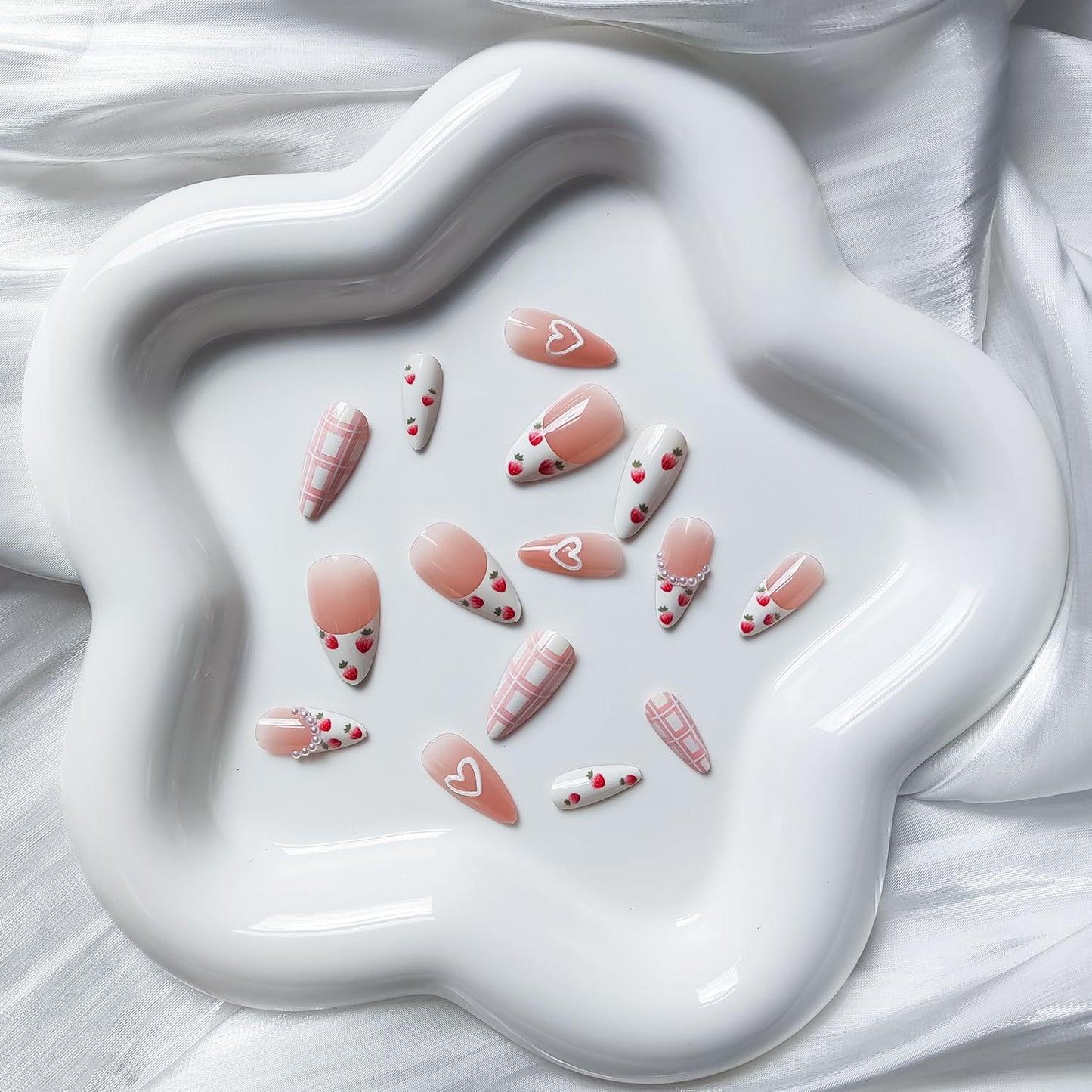 French Tip RIICFDD Almond Fake Nails Pearl Charm Designs Cute Strawberry Pattern False Nails Milky White Glossy Full Cover Stick on Nails for Women and Girls - 24 Pcs