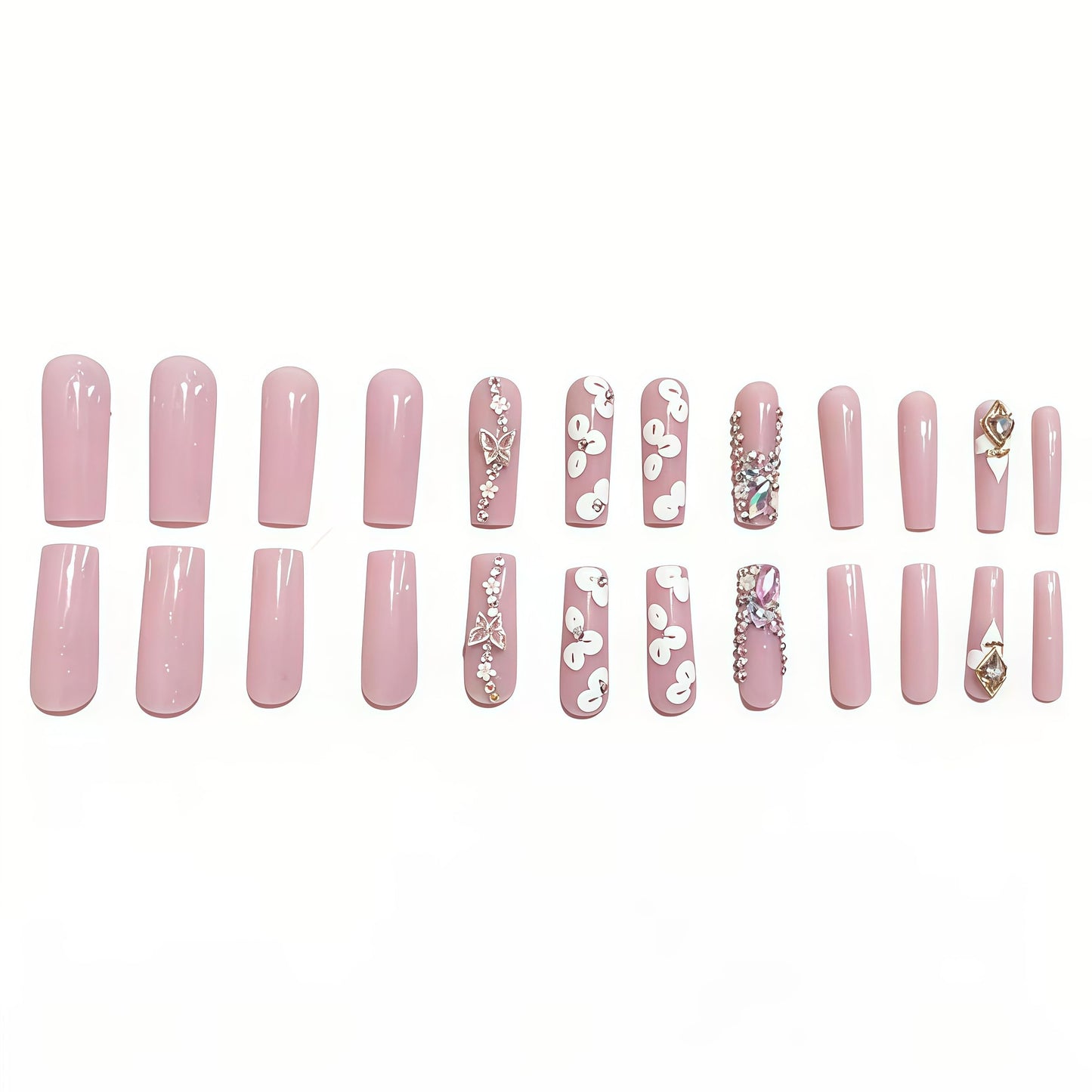 Long Press on Nails Square Fake Nails Pink Acrylic Nail Press Ons Seeneey Rhinestones and Flowers Designs Stick on Nail for Women 24pcs