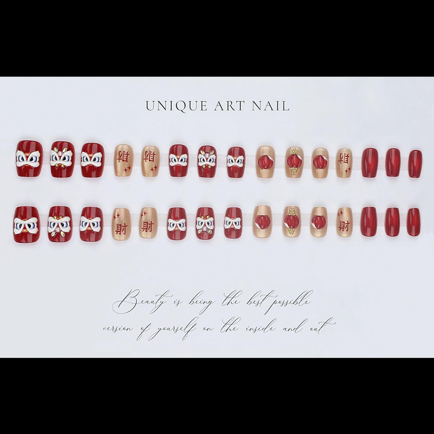 plalely Square Press on Nails Short Red Fake Nail Cute 3D Chinese Lion and LanternforChinese New Year Acrylic Nail Press ons Best WishesStick on Nail for Women 24pcs