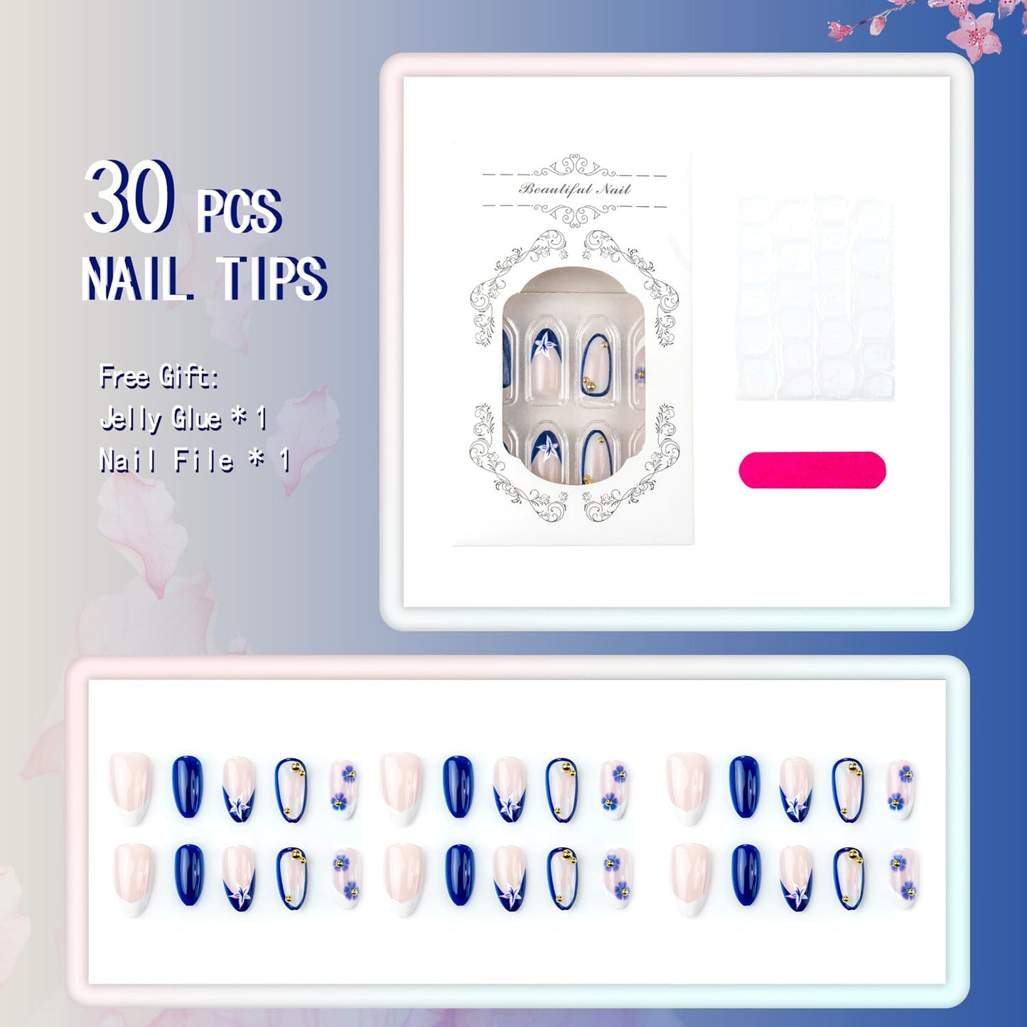 30Pcs Blue Flower Press on Nails - Short Almond French Tip Fake Nails with 3D Gold Beads Design Flowers False Nails Nude Glossy Full Cover Spring Summer Floral Gel Artificial Stick on Nails for Women