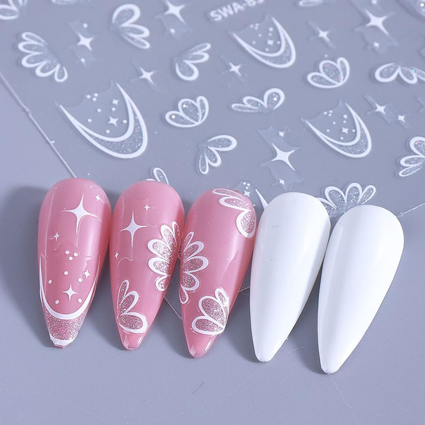2Sheets Flower Nail Art Sticker Decals with Glitter Half Daisy Flowers French Line Nail Stickers Self-Adhesive Nail Supplies French Star Floral Nail Designs for Women Girls DIY Manicure Tip Decoration