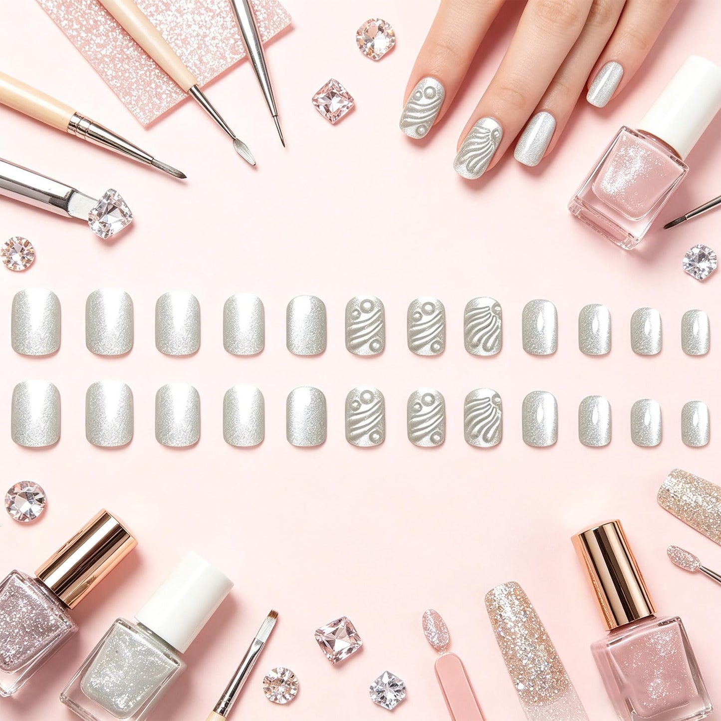 Short Square Press on Nails HZJXRT Fake Nail 3D Curve Line False Nails with Sparkly Design, Glossy White Glitter Stick on Artificial Fingernails Reusable Moon Stick on Nail for Women Daily Wear