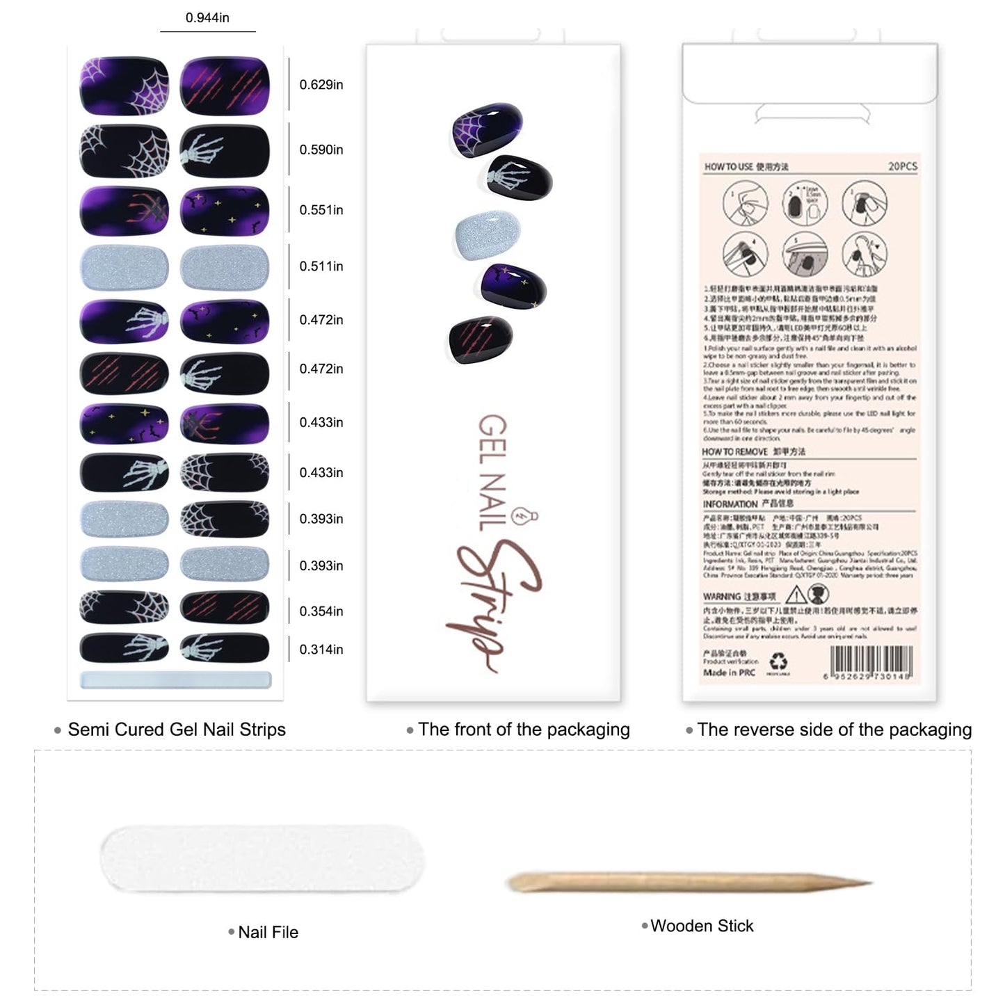 DANNEASY 24 Pieces Halloween Semi Cured Gel Nail Strips Glow in The Dark Gel Nail Stickers Full Nail Wraps Spider Web Bat Skeleton Manicure Design with Nail File, Cuticle Stick