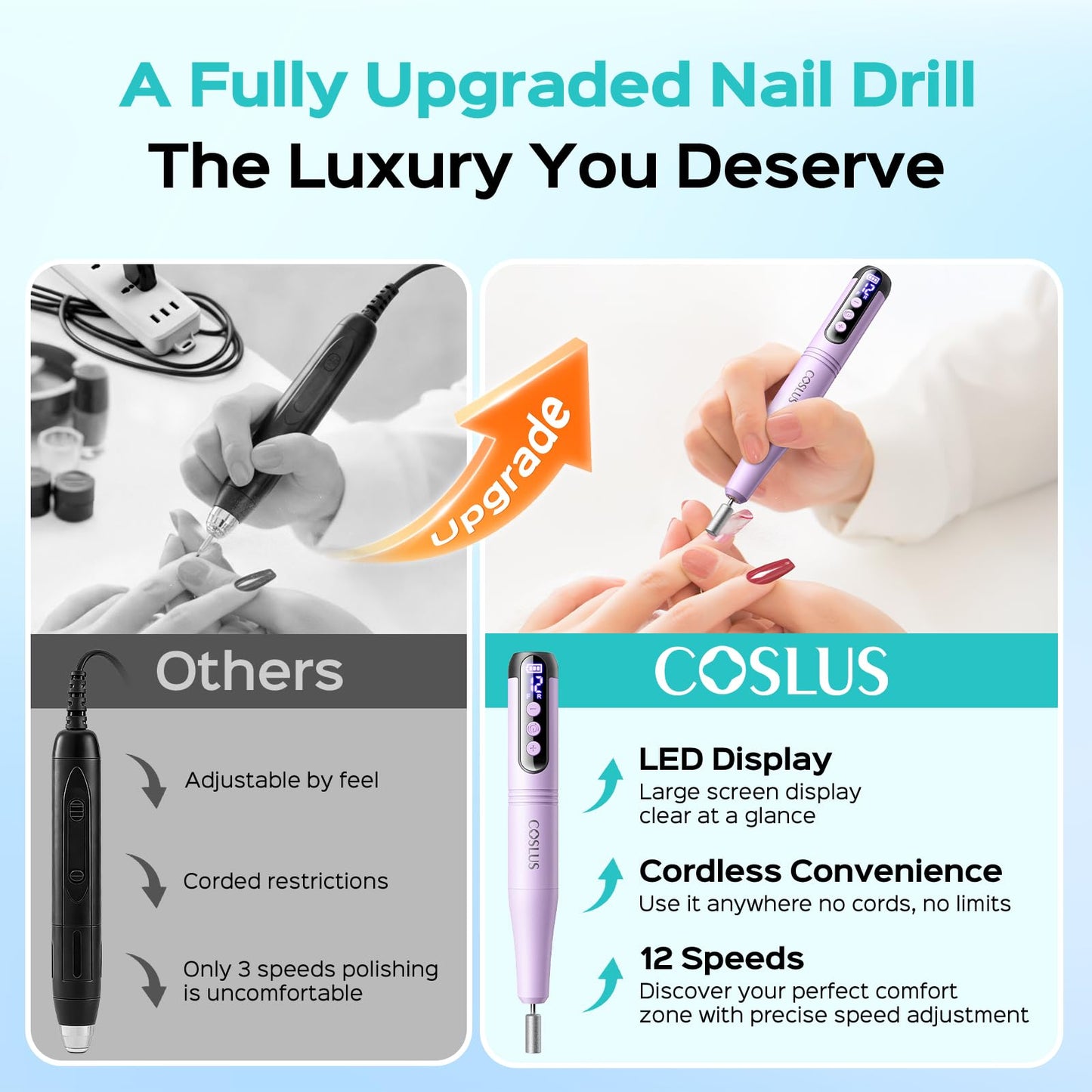 COSLUS C50 Cordless Electric Nail Drill : 12-Speed Professional Nail File with LED Display for All Manicure Shaping & Gel Removal, Nail Art Practice Essentials, Home DIY & Portable Travel Use, Purple