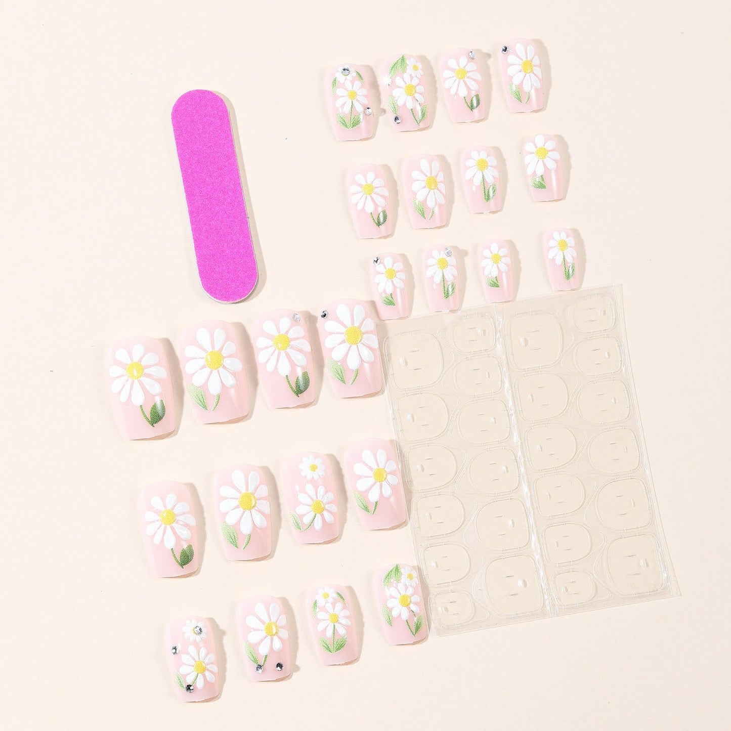 Spring Press on Nails White Flower Fake Nails Short Square False Nails with Rhinestone Design Floral Glue on Nail Full Cover Glossy Daisy Acrylic Nails Summer Artificial Stick on Nails for Women 24Pcs