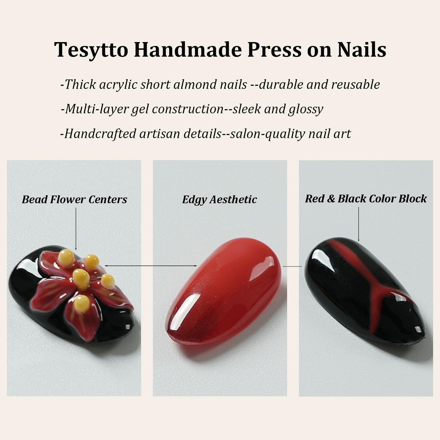 Tesytto Press on Nails 3D Floral, 10Pcs Handmade Short Almond Fake Nails Red & Black, 3D Carved Flowers Design Reusable Stick on Nail Tips for Women, Salon Quality (Crimson Flame Shadow,M)