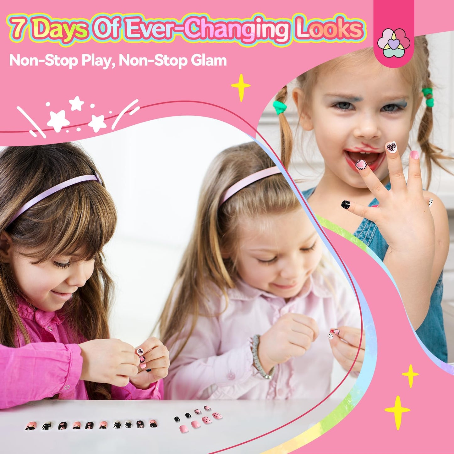SAVILAND 7 Days Press on Nails for Kids: 168Pcs Children False Artificial Fake Nail Tips Sweet Edgy Pre-glue Full Cover Short Acrylic Nails with Nail Adhesive Tabs Gifts for Girls 8-12 Year (GlamKids)