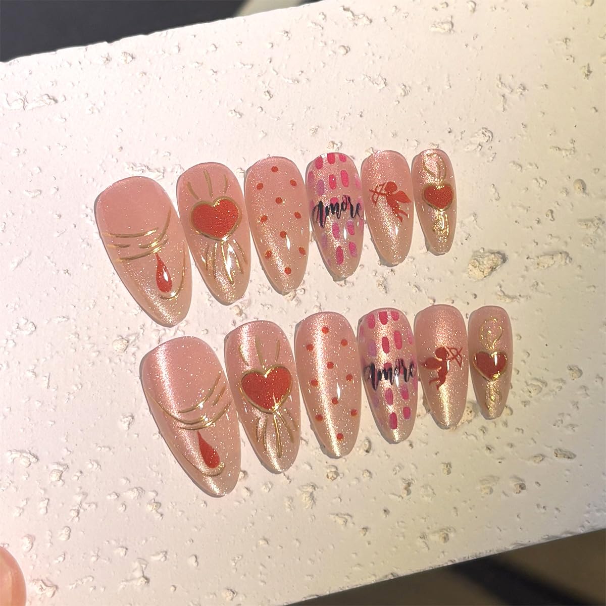 24Pcs Valentines Press on Nails Short Almond Fake Nails with Golden Lines Polka Dots Angel Designs Sweet Pink Full Cover Stick on Nail Romantic Heart False Nails for Women Holiday Nail Decorations