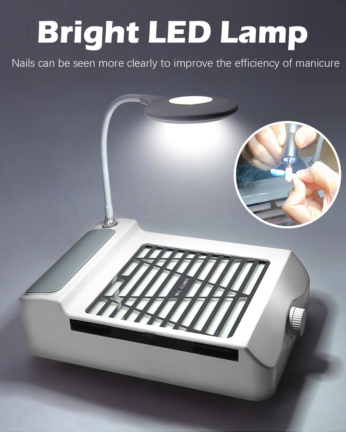 Nail Dust Collector Low Noise, AONOLOVO Powerful Nail Vacuum Dust Collector Suction Fan with Lamp for Nail Tech Acrylic Nails Gel Dip Powder Removal, with Nail Dust Brush, 03-White