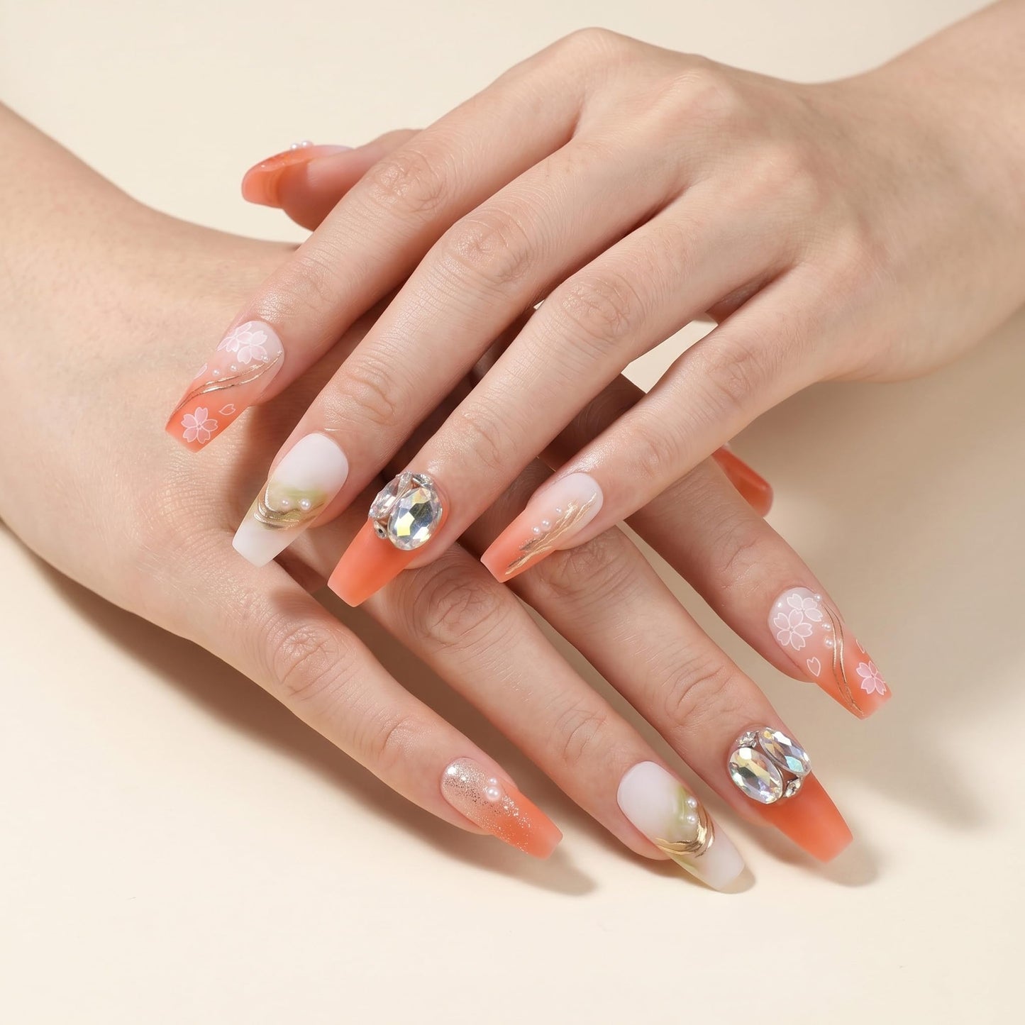Sun&Beam Nails Handmade Press-On Nails Medium Ballerina Coral Pink Cream White Cherry Blossom Pearl Gold Line Glossy False Nails 10 Pieces (#062 M)