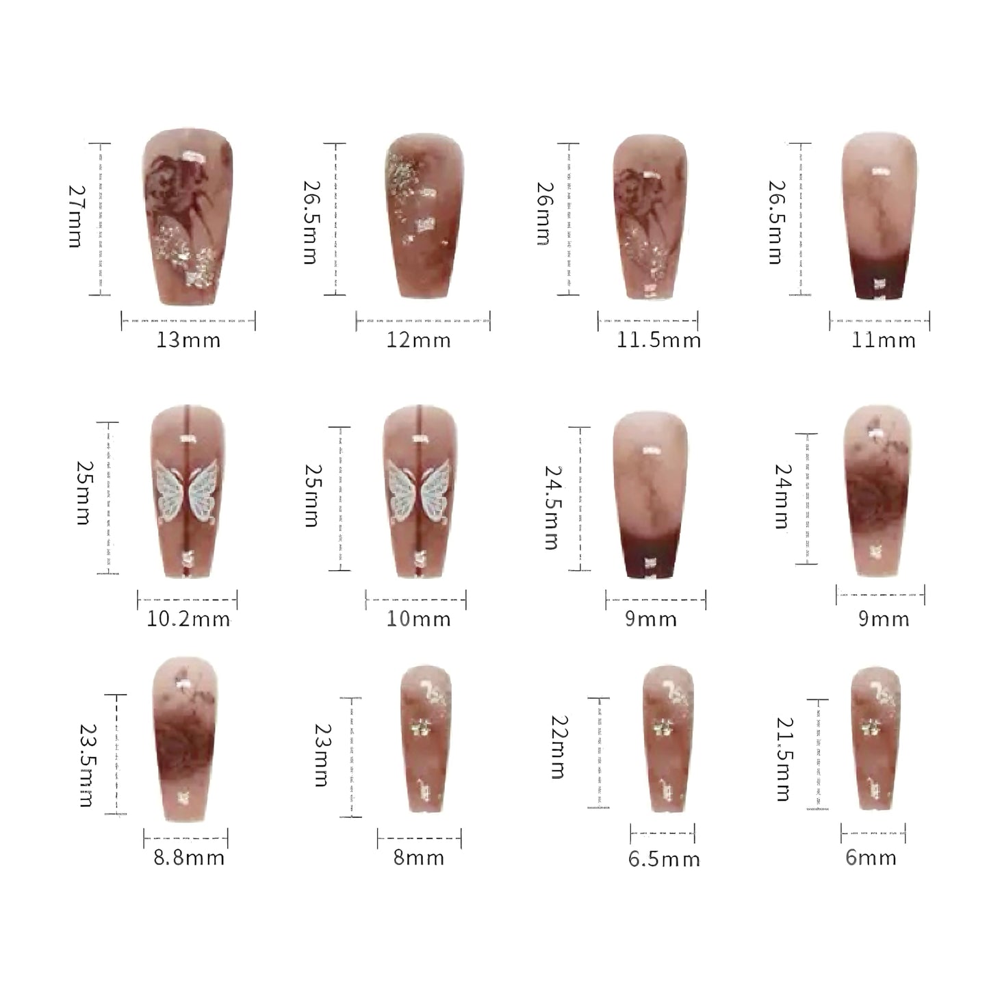 C.Z.Z.T.T.NAILS Press On Nails, 24 Pieces, Brown Gradient with Butterfly Design, Rose Gold Glitter, Almond Shaped, Shimmery Finish, DIY Party Nail Kit, Reusable Artificial Nails with Jelly Glue