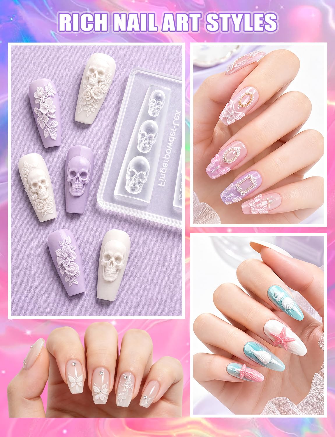 9 Pcs 3D Nail Art Silicone Resin Molds, 3D Art Flowers Nail Charm Molds Letter Resin Mold, Multiple Shapes Butterfly Shell Photo Frame Skull Nail Design Mold for DIY Manicure Accessories Supplies