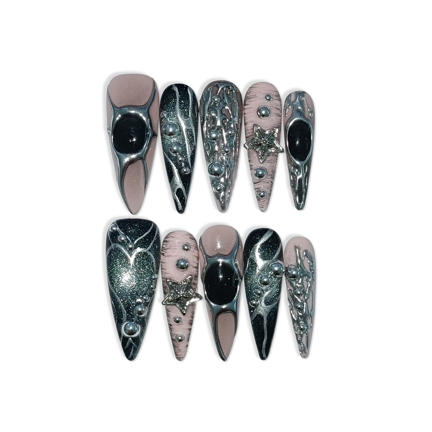 TENPAL Pink Black Press on Nails Long Stiletto,Metal Gothic Fake Nails with Punk Stars Beads,Cat Eye Glitter Edgy Y2K Ins False Nails with Tools,Sweet Grunge Irregular 3D Handmade Nails 10pcs(XS)