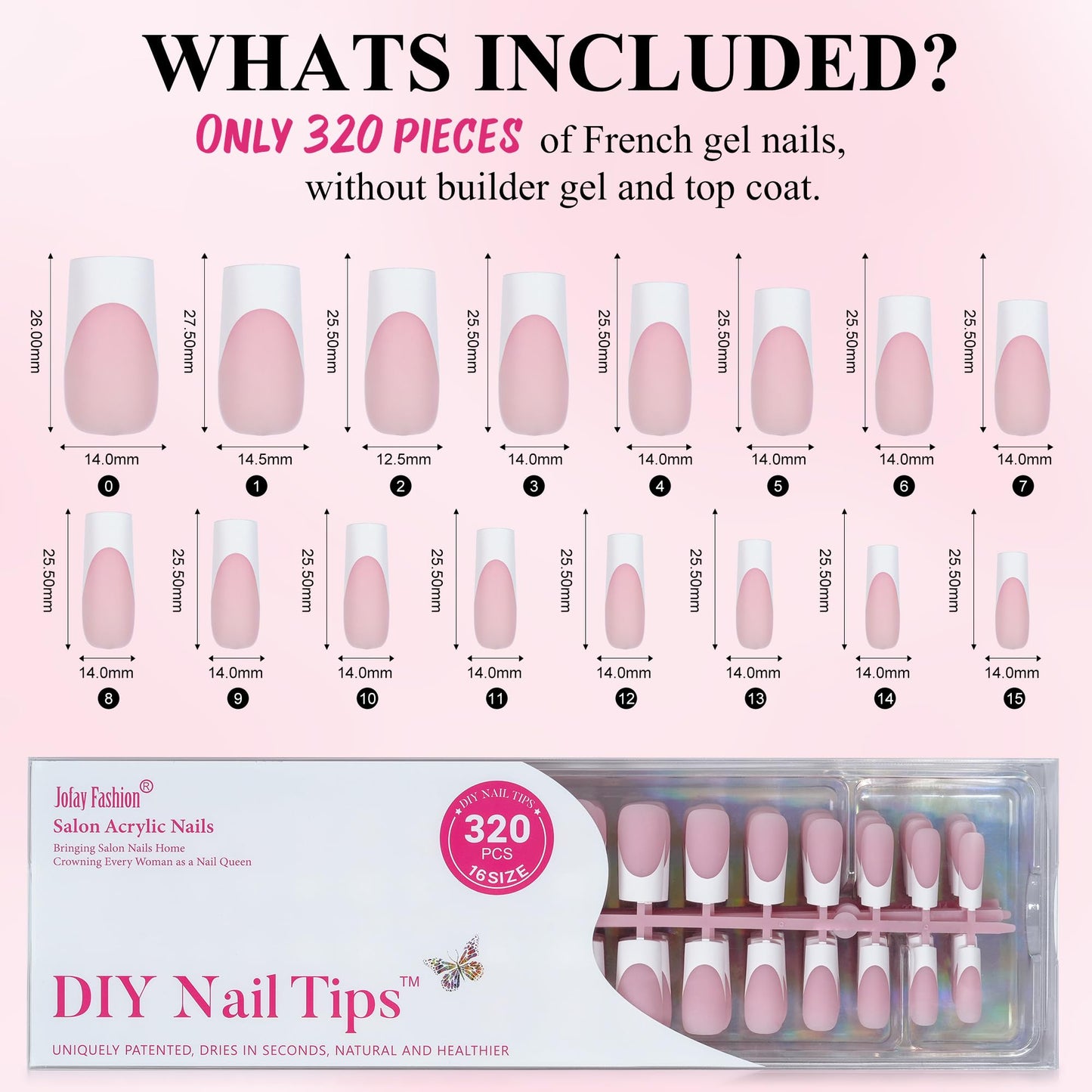 French Gel Nail Tips - Jofay Fashion French Tip Press on Nails, 10-Piece Set 320Pcs Pink long Square Nail Tips, No Need to File 3 in 1 Acrylic Fake Nails for Nail Art DIY & Nail Extension, 16 Sizes