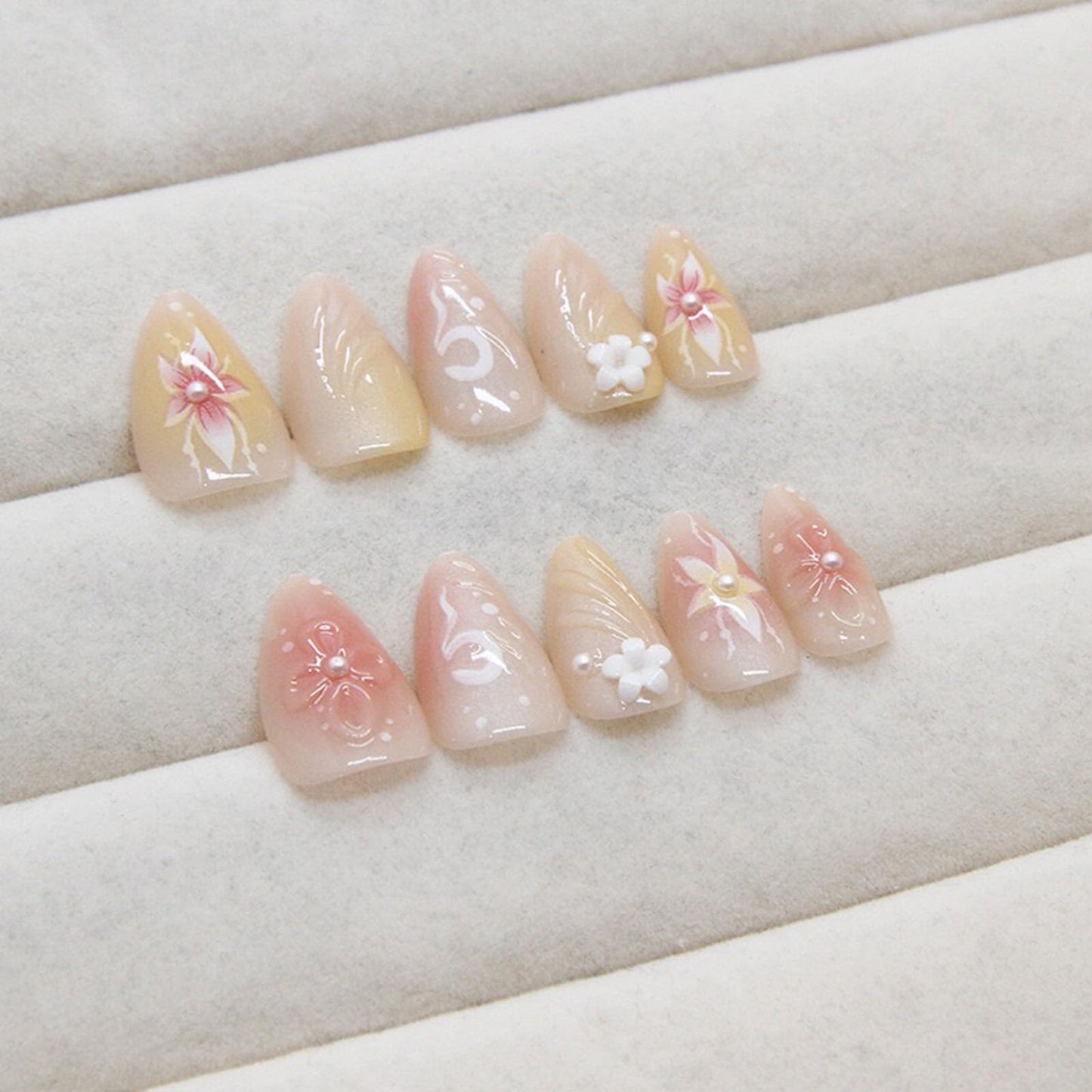 FJSMTOPl Flower Press on Nails - Almond Fake Nails - False Nails with Designs 3D Floral - Acrylic Glue on Nails - Spring Stick on Nails for Women Cute Stick on Nails 24Pcs