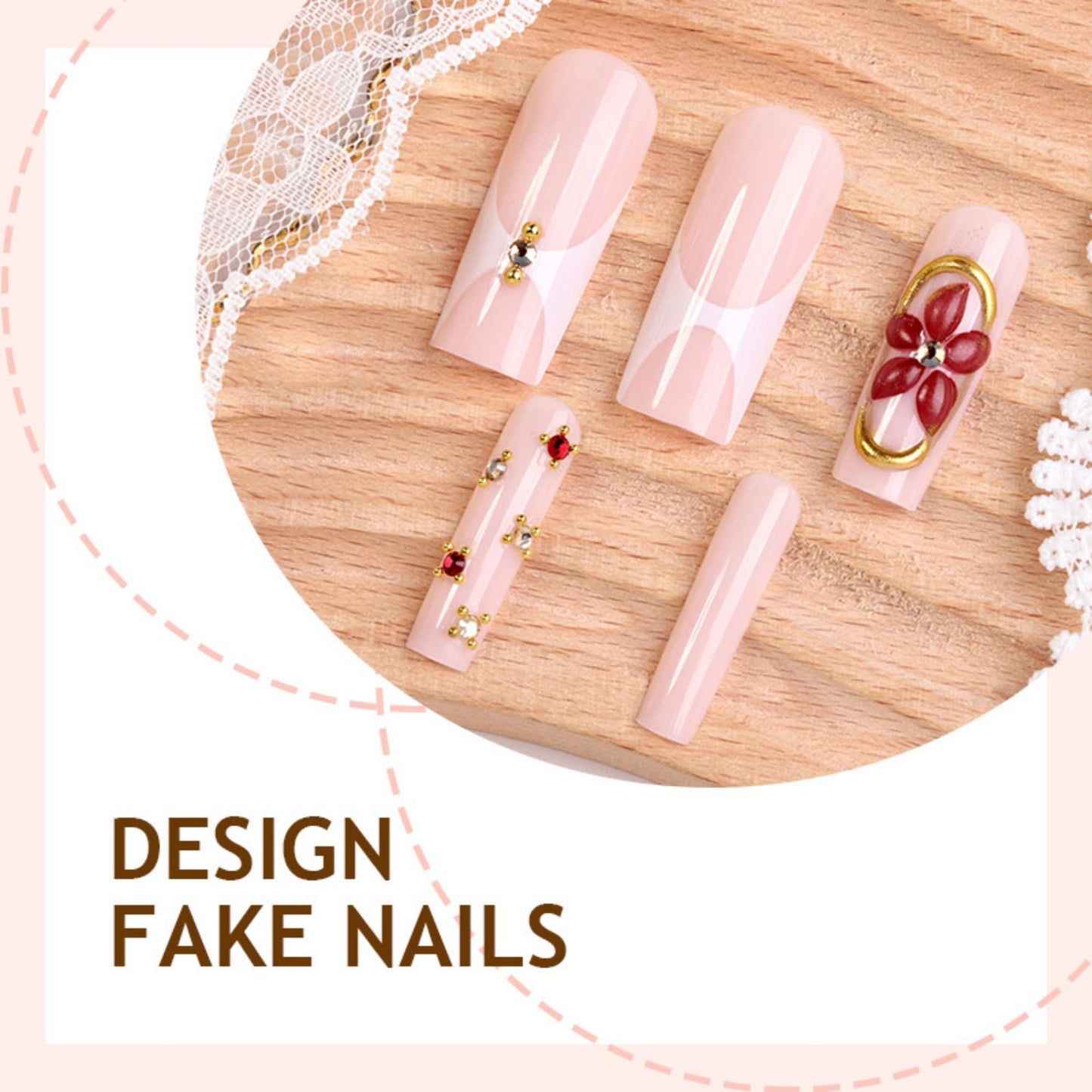 OCTOSWAVE Press on Nails Long Square 3D Flower Fake Nails with Rhinestones French Tip False Nails for Women DIY Manicure 24 Pcs