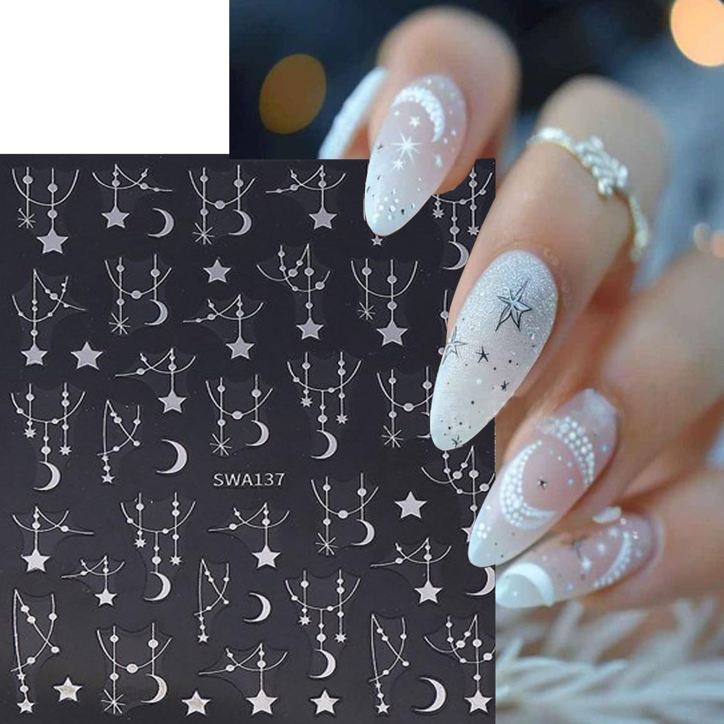 CJDLTS 6 Sheets Moon Star Nail Art Stickers 3D Self -Adhesive Hollow Stars Nail Decals Holographic Black & Silver Pendant Star Moon Nail Stickers Unique Nail Decoration for Women Manicure Supplies